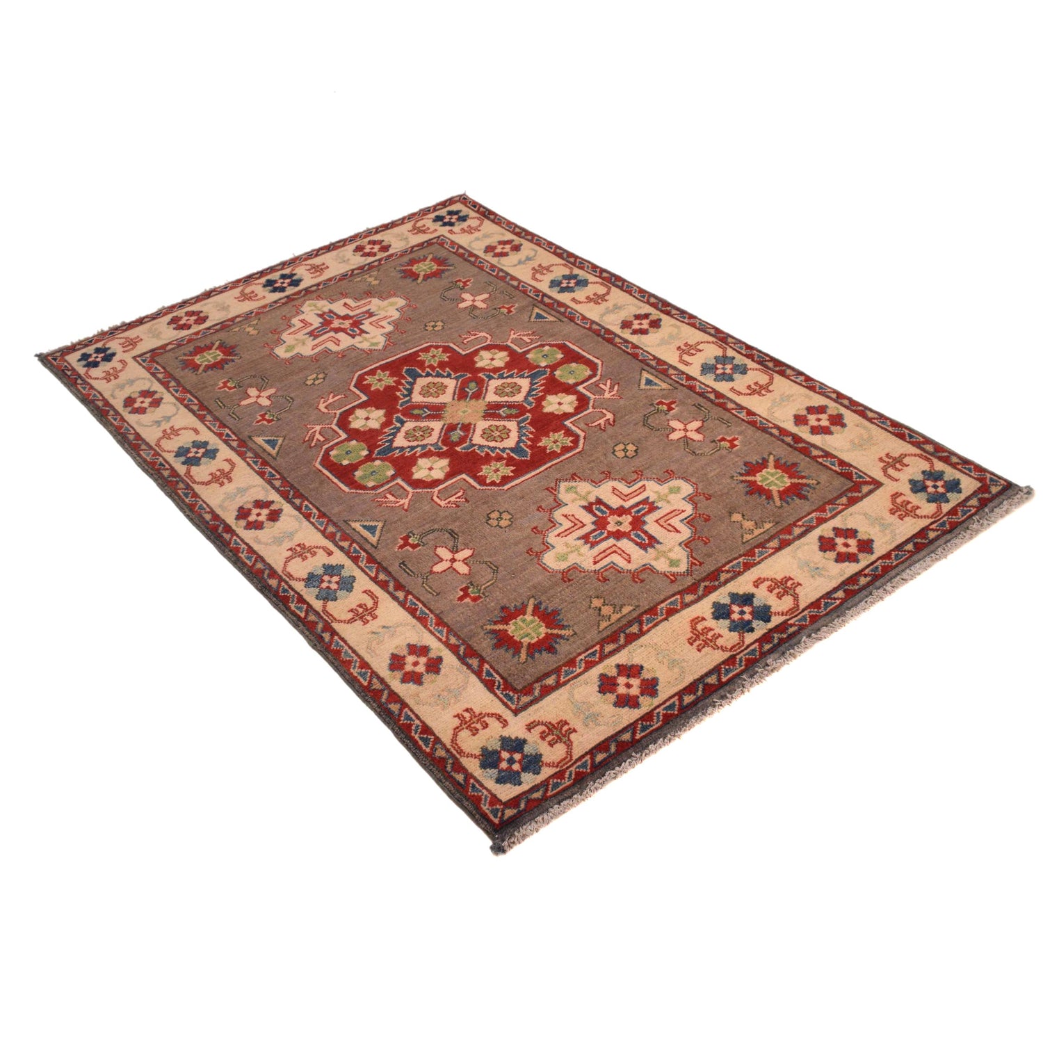 Kazak Rug Handmade Brown Medallion 3x5 ft