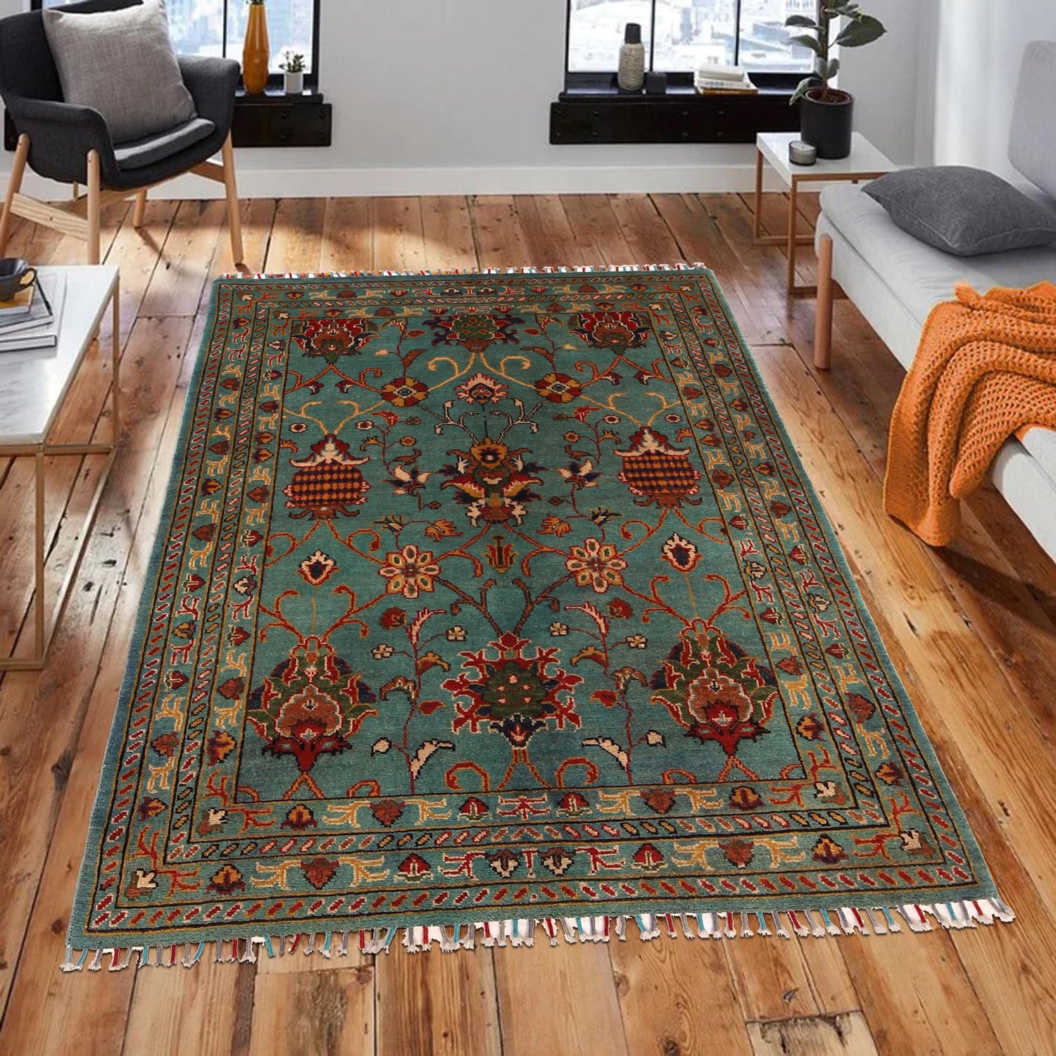 Sultani Area Rug Handmade Blue Floral 4x6 ft