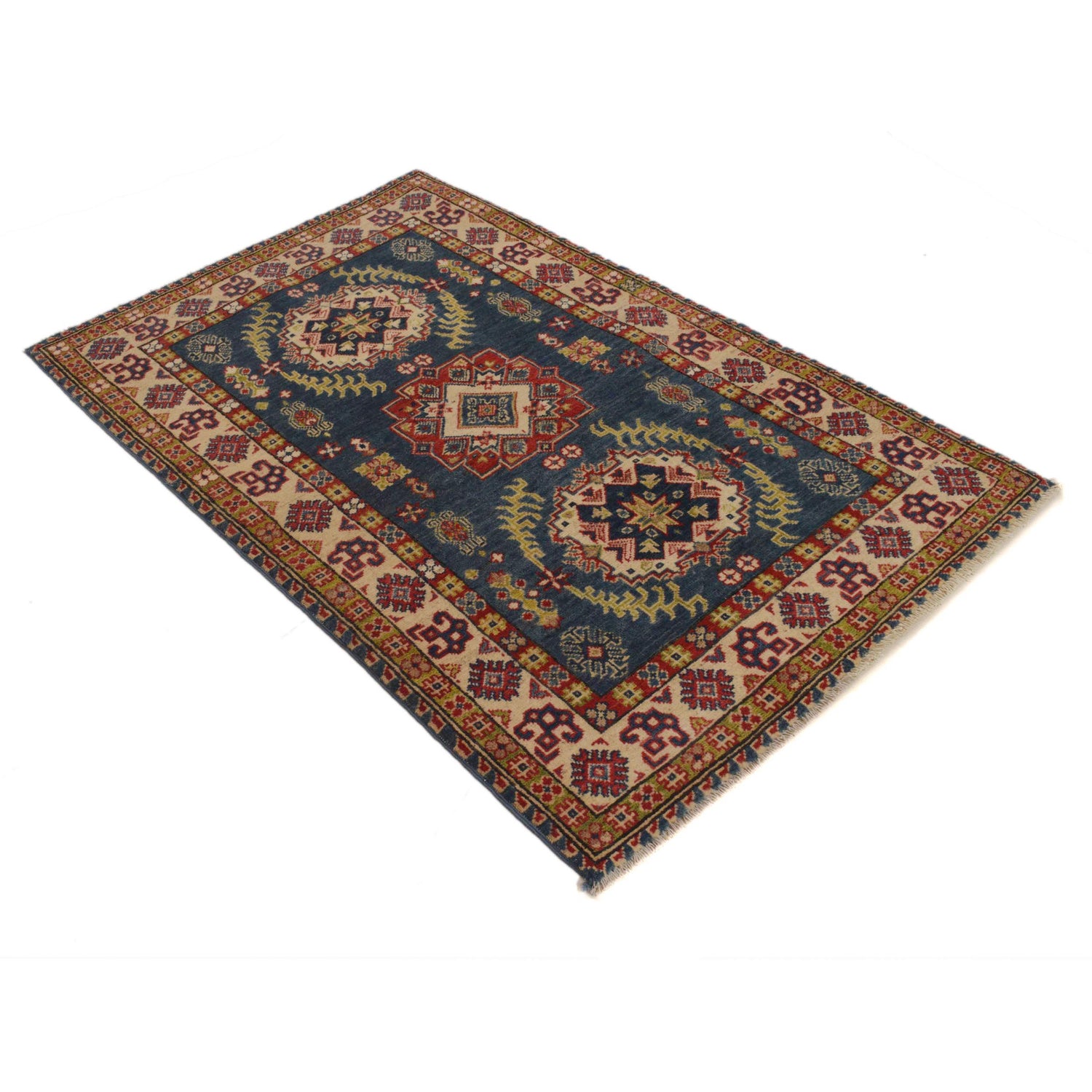 Kazak Rug Handmade Blue Medallion 3x5 ft