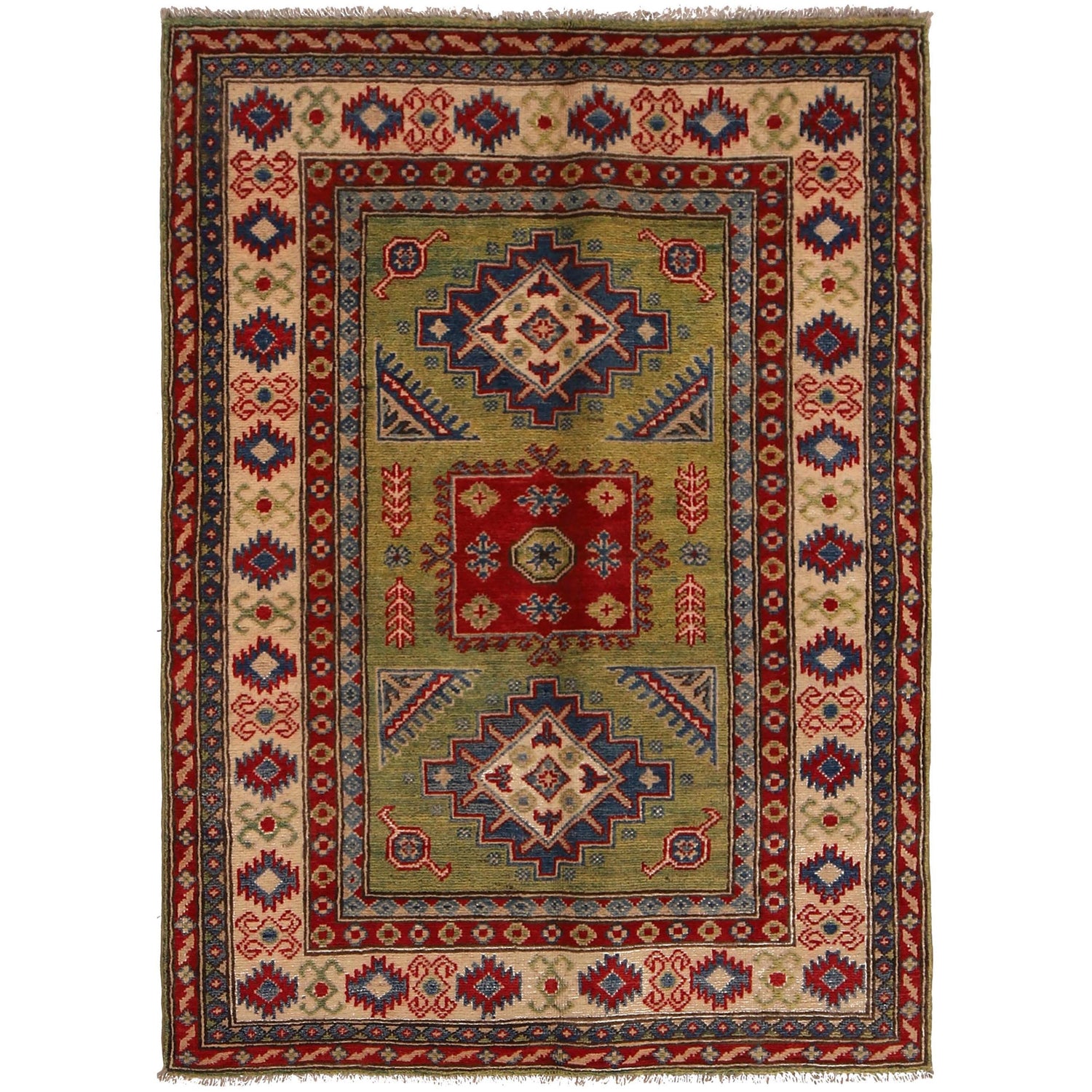 Kazak Rug Handmade Green Medallion 3x5 ft