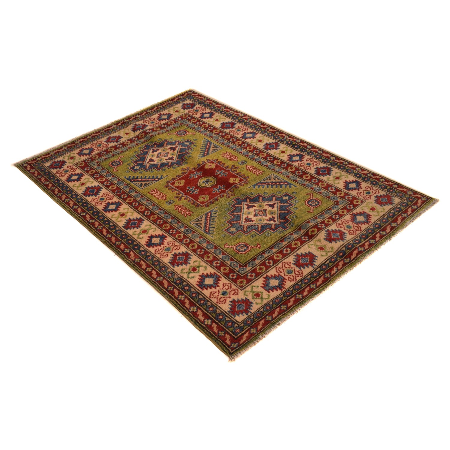 Kazak Rug Handmade Green Medallion 3x5 ft