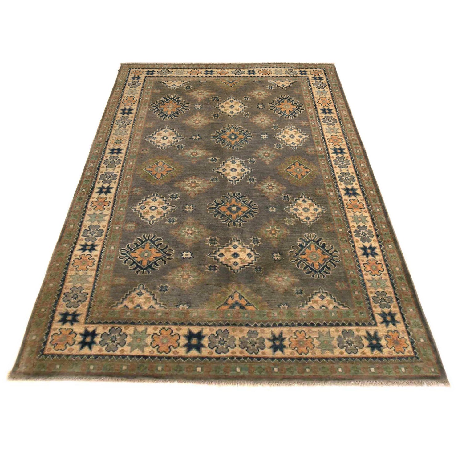 Kazak Rug Handmade Gray Medallion 4x6 ft