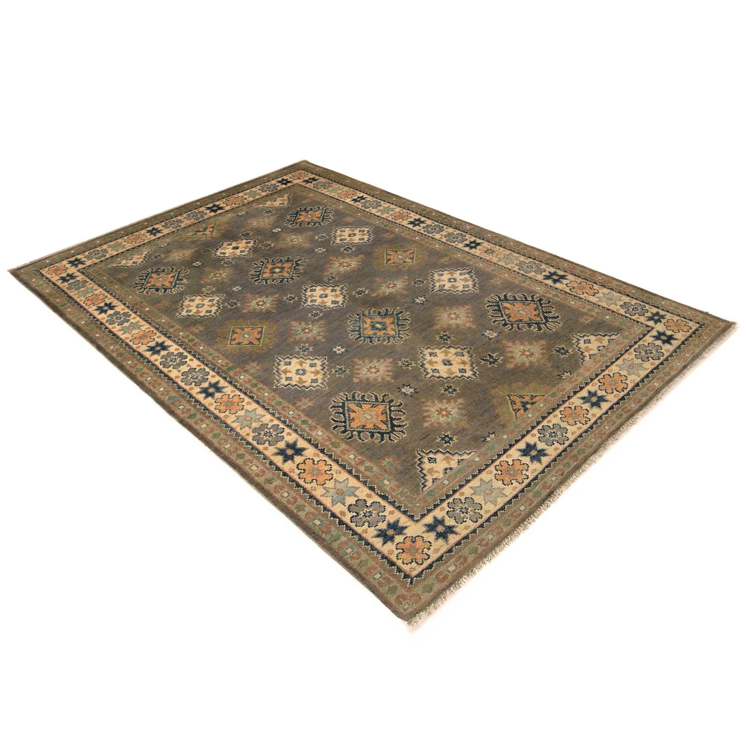 Kazak Rug Handmade Gray Medallion 4x6 ft