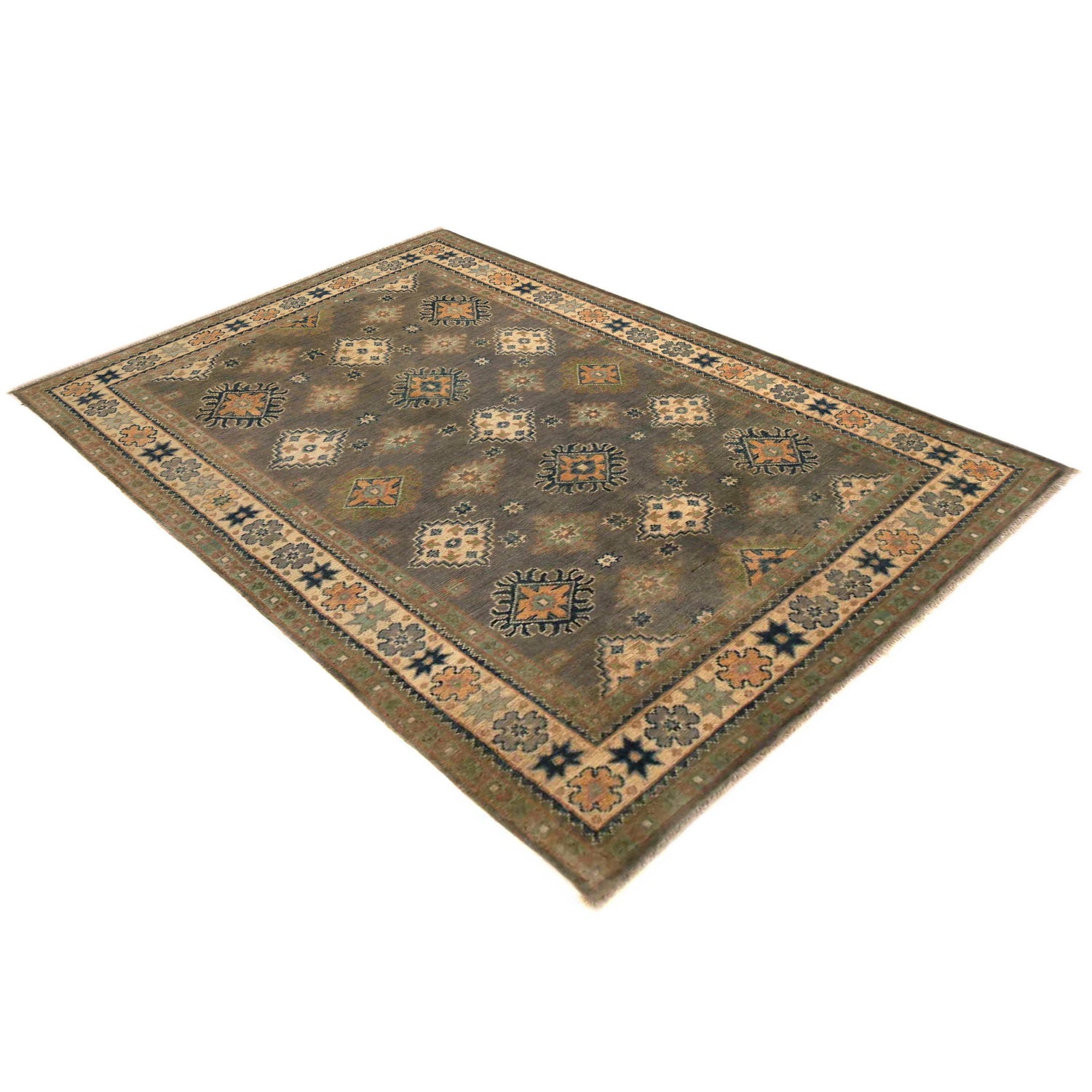 Kazak Rug Handmade Gray Medallion 4x6 ft