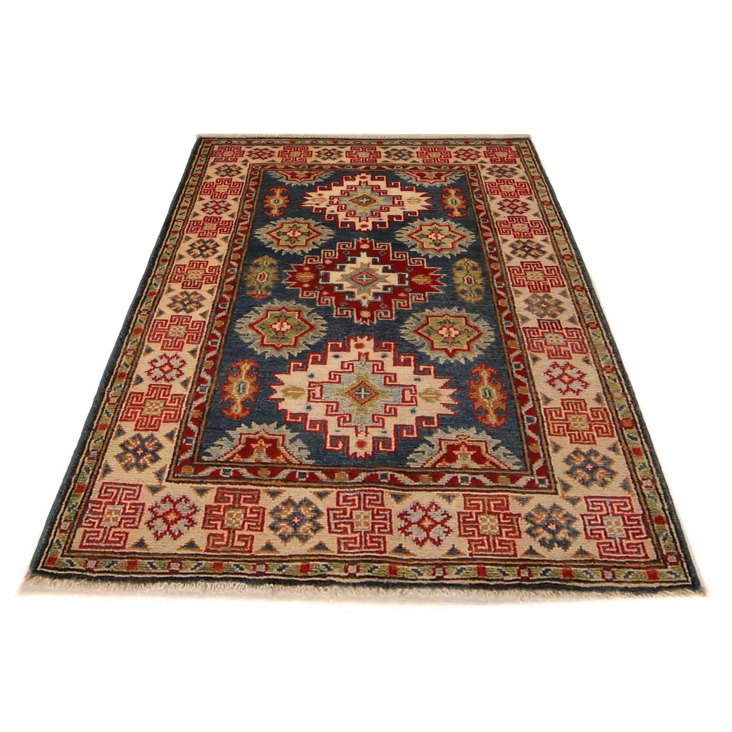 Kazak Rug Handmade Blue Medallion 2x4 ft