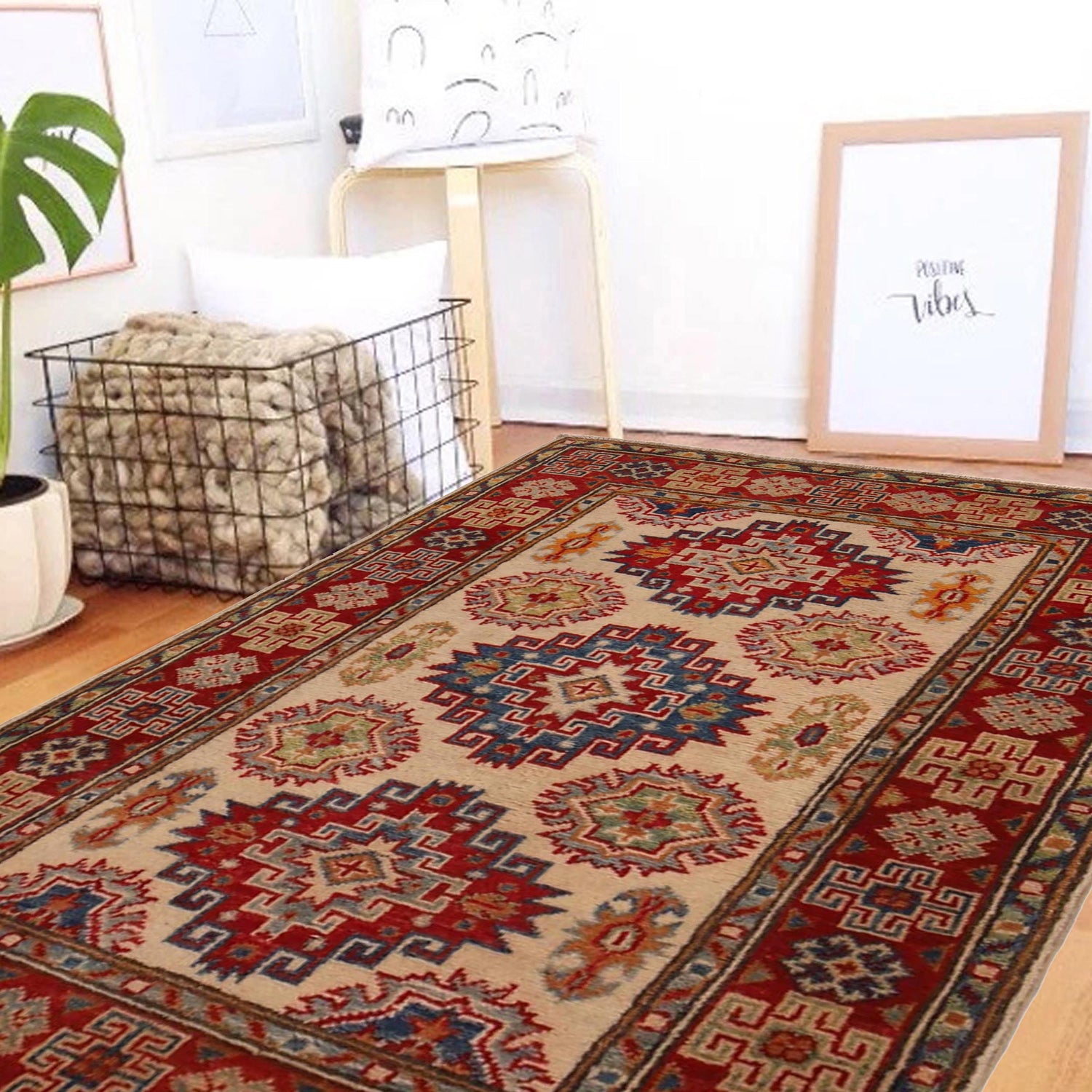 Kazak Rug Handmade Beige Medallion 2x4 ft