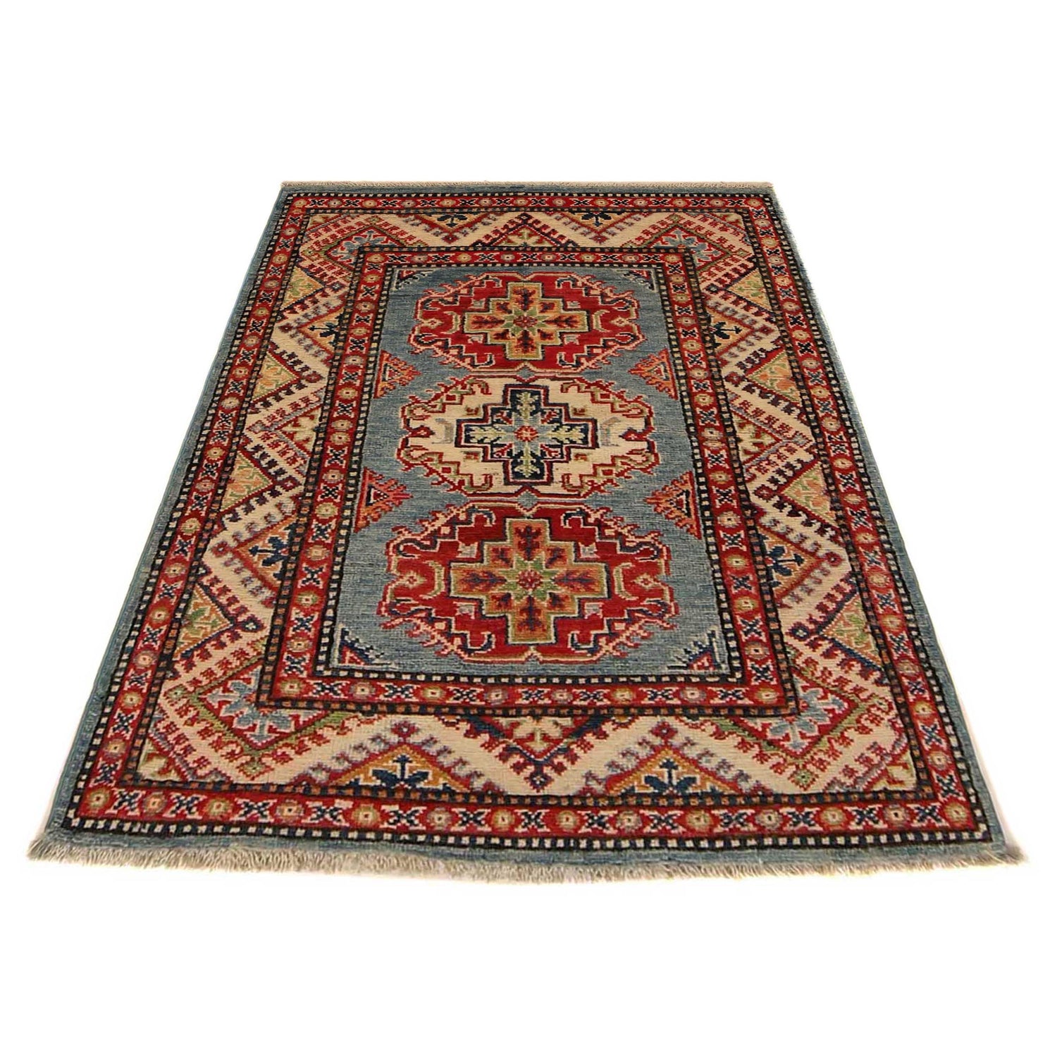 Kazak Rug Handmade Blue Medallion 2x4 ft