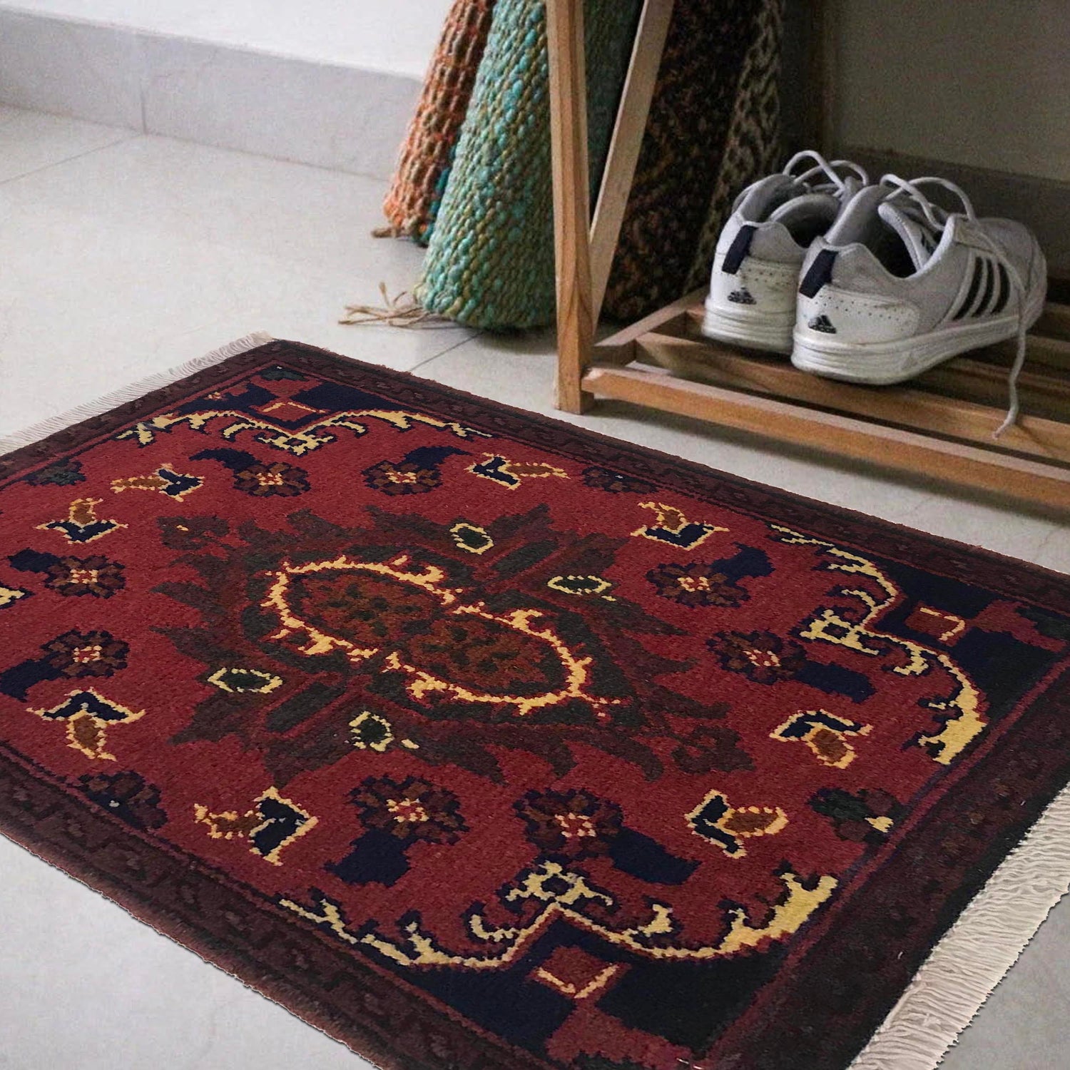 Handmade Wool Doormat Red Floral
