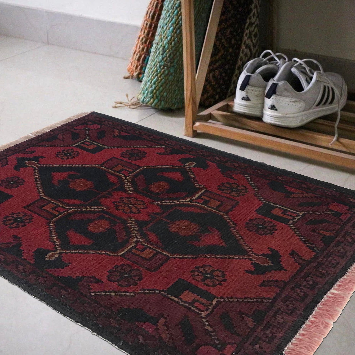 Handmade Wool Doormat Red Floral