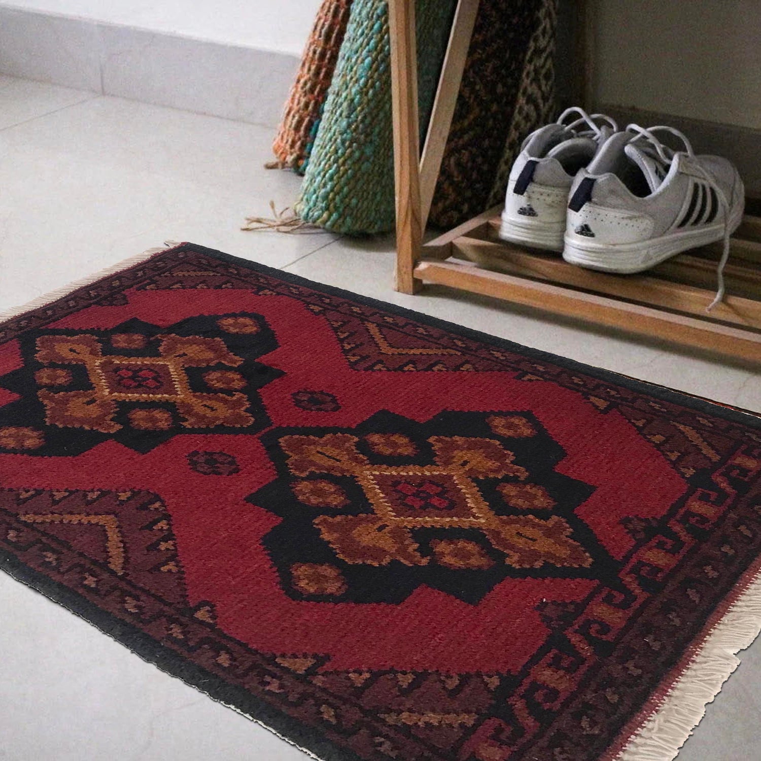 Handmade Wool Doormat Red Floral