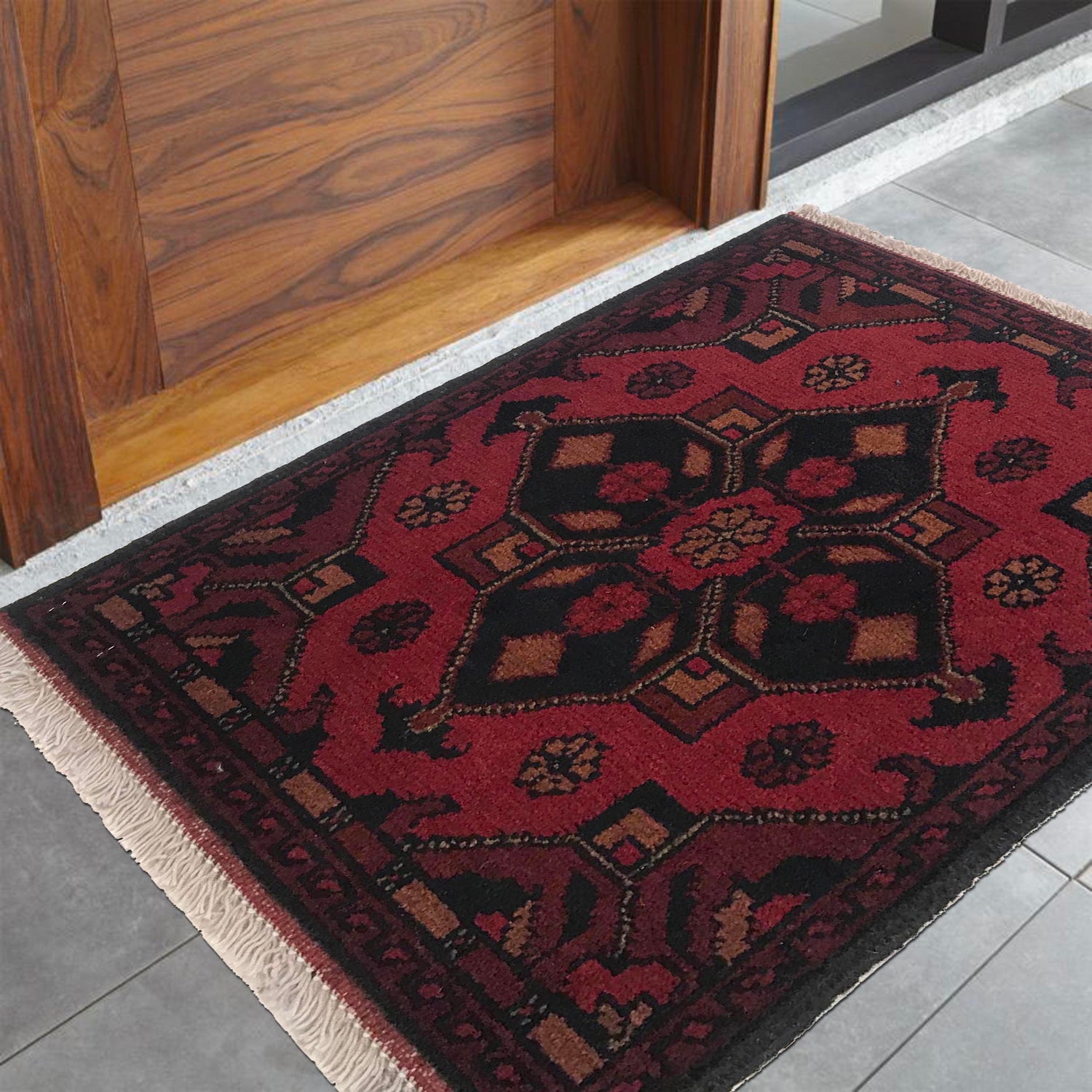 Handmade Wool Doormat Red Floral