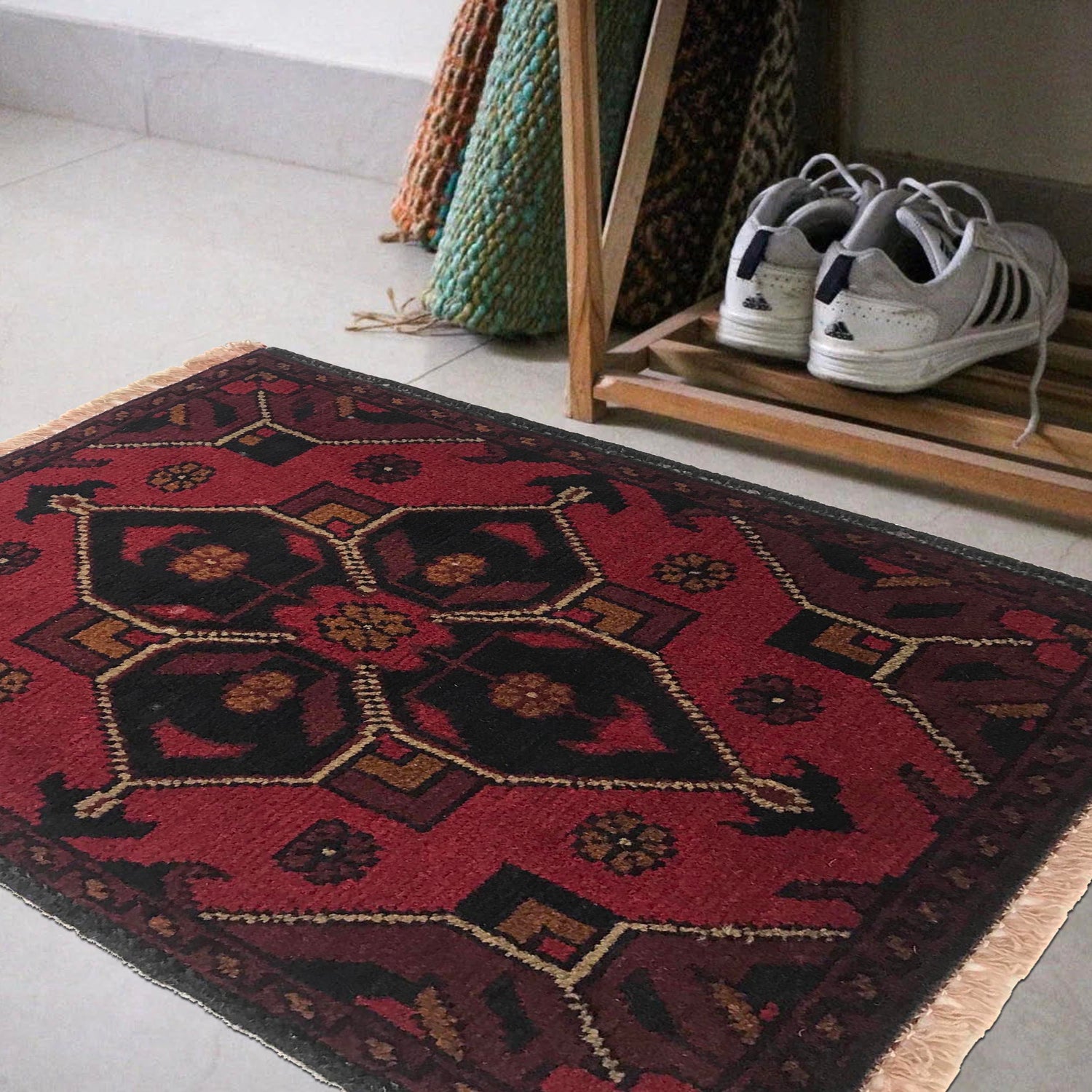 Handmade Wool Doormat Red Floral
