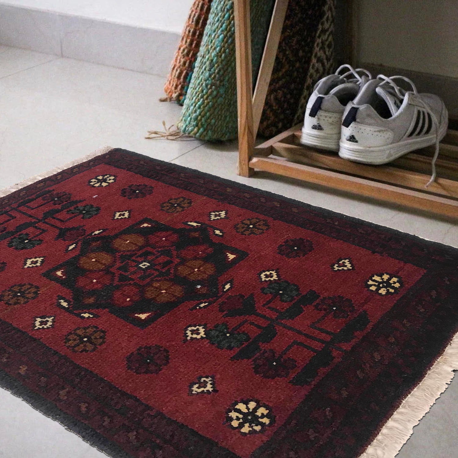 Handmade Wool Doormat Red Floral