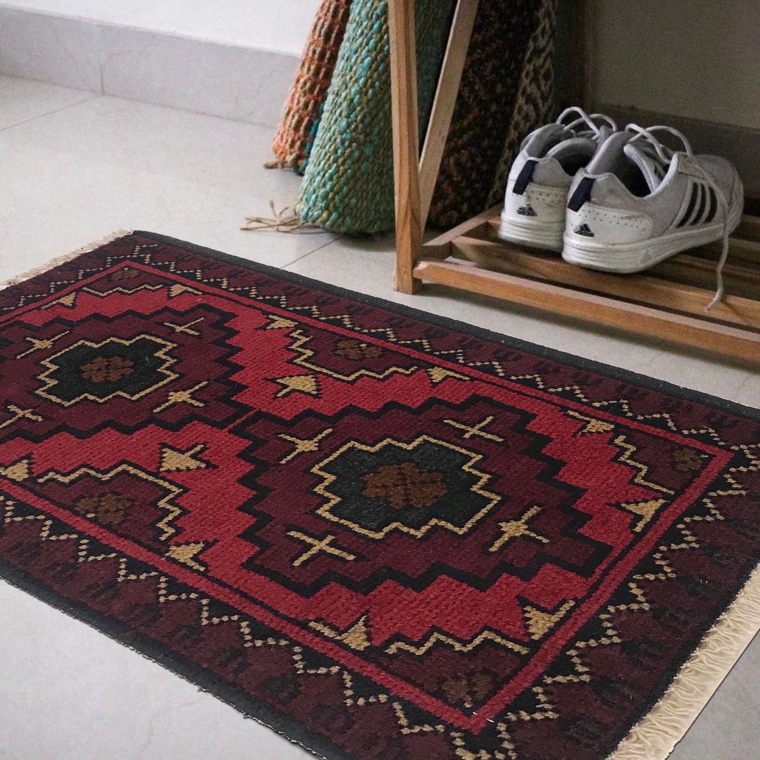 Handmade Wool Doormat Red Floral
