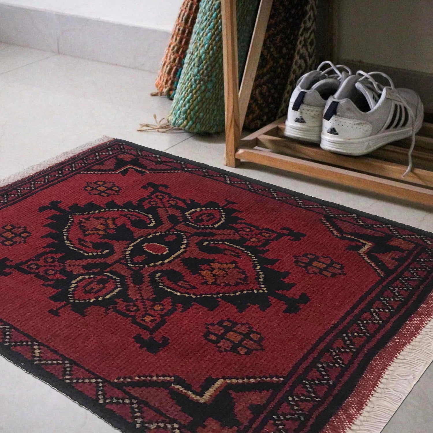 Handmade Wool Doormat Red Floral