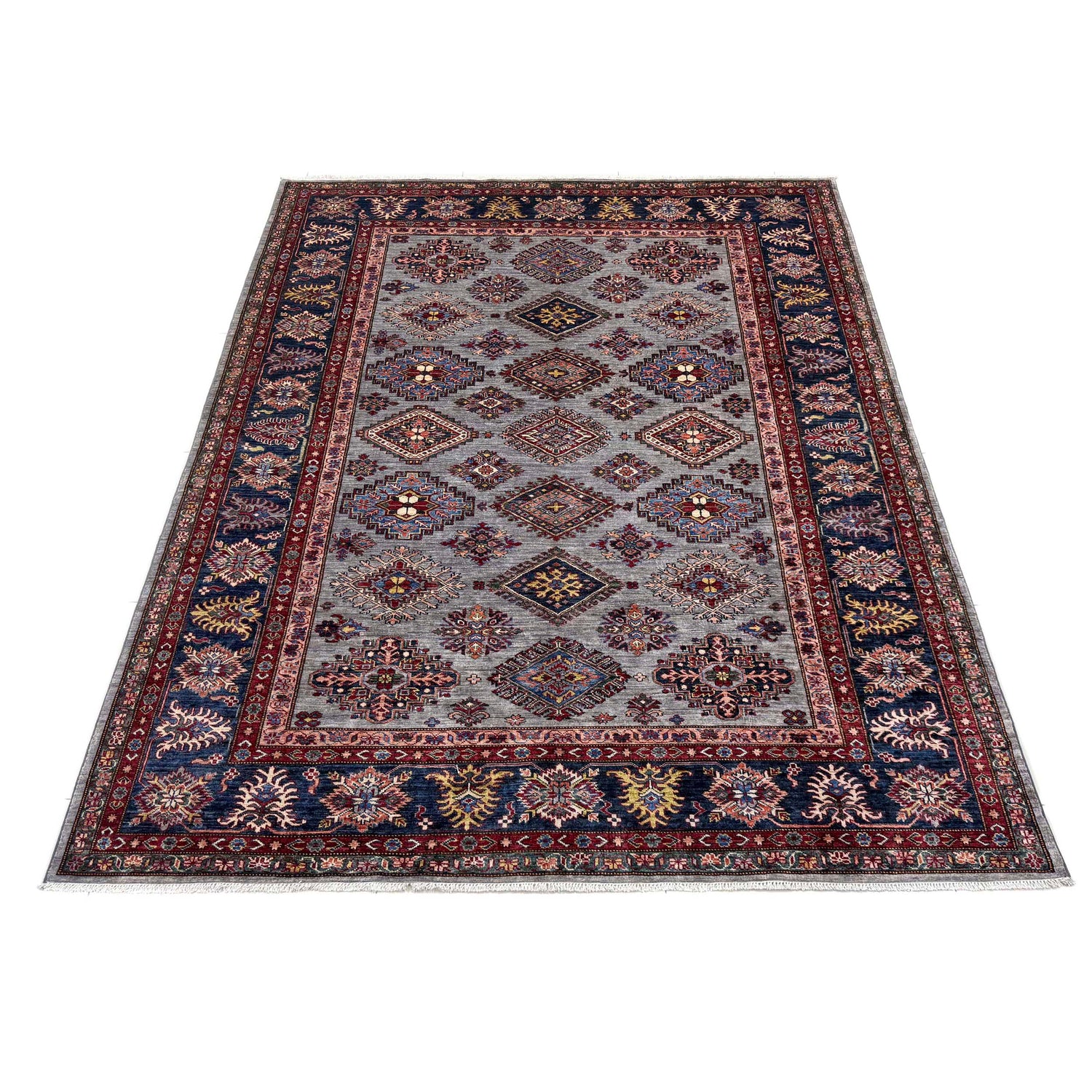 Kazak Rug Handmade Gray Medallion 7x10 ft