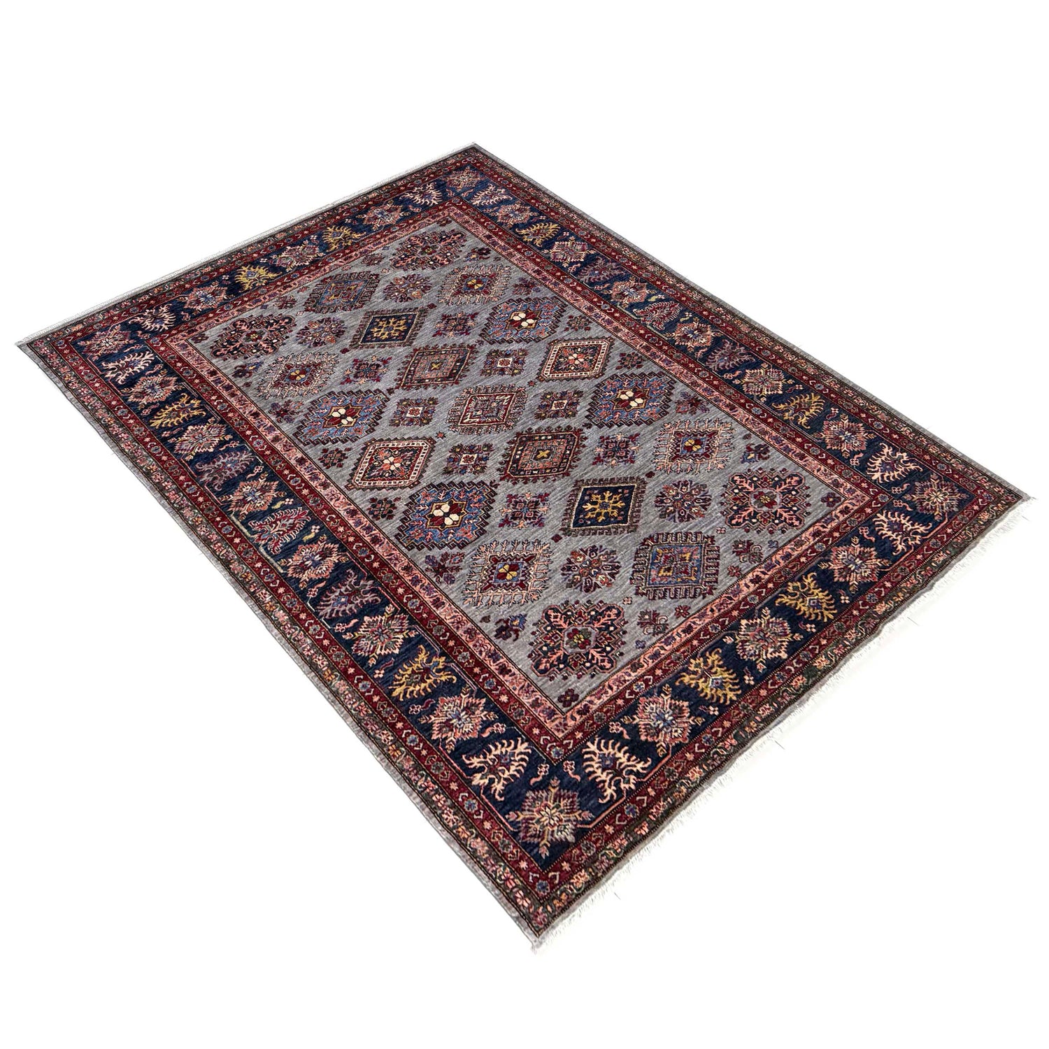 Kazak Rug Handmade Gray Medallion 7x10 ft
