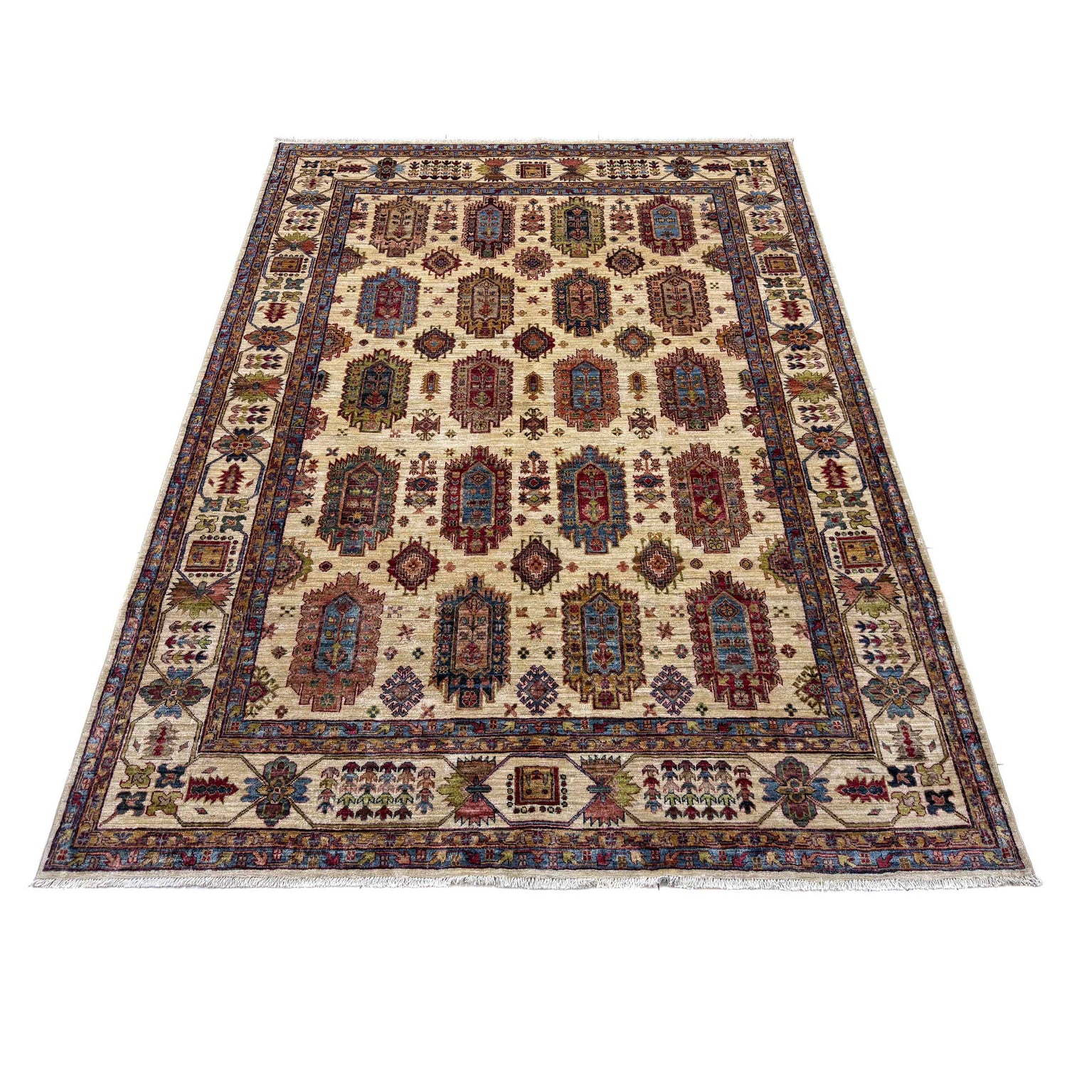 Waziri Area Rug Handmade Beige Medallion 7x10 ft