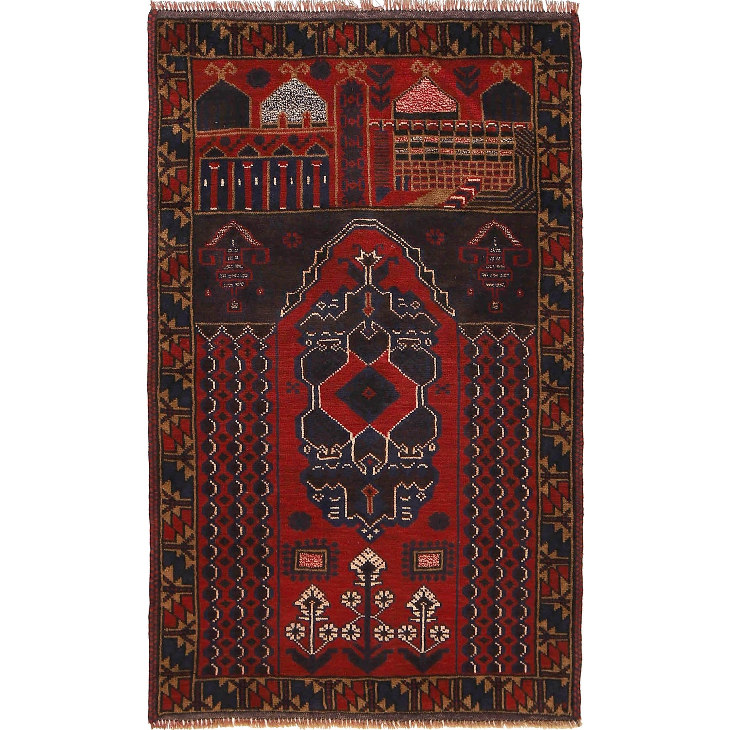 Baluchi Rug Handmade Red Prayer Design 3x5 ft