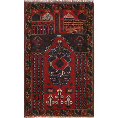 Baluchi Rug Handmade Red Prayer Design 3x5 ft
