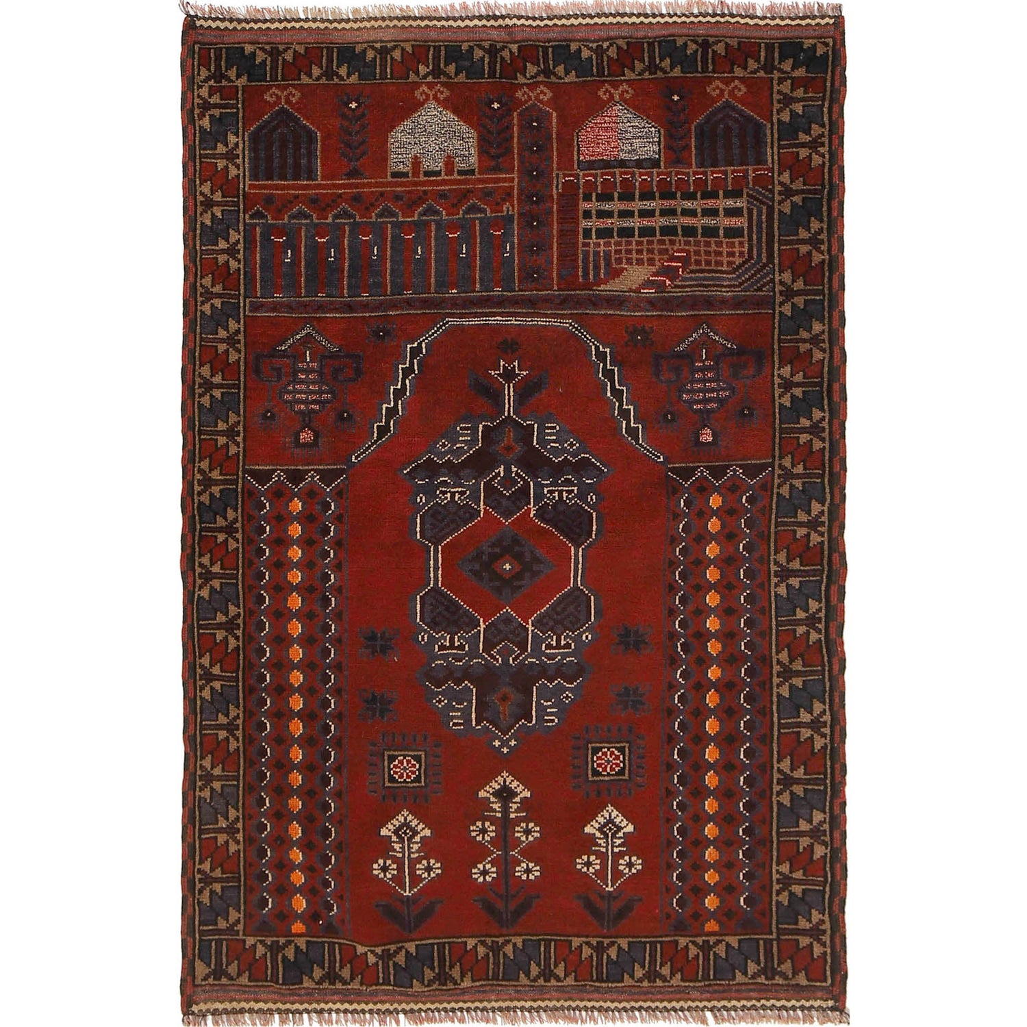 Baluchi Rug Handmade Red Prayer Design 3x5 ft