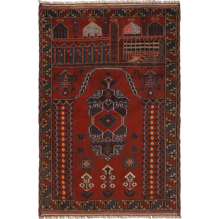 Baluchi Rug Handmade Red Prayer Design 3x5 ft