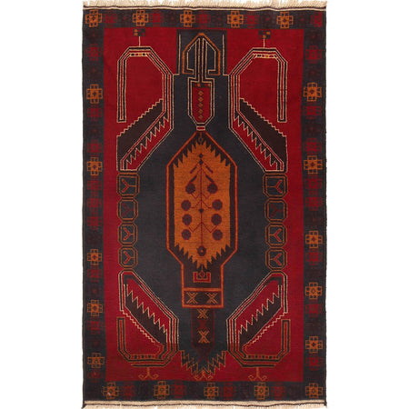 Baluchi Rug Handmade Red Geometric 3x5 ft