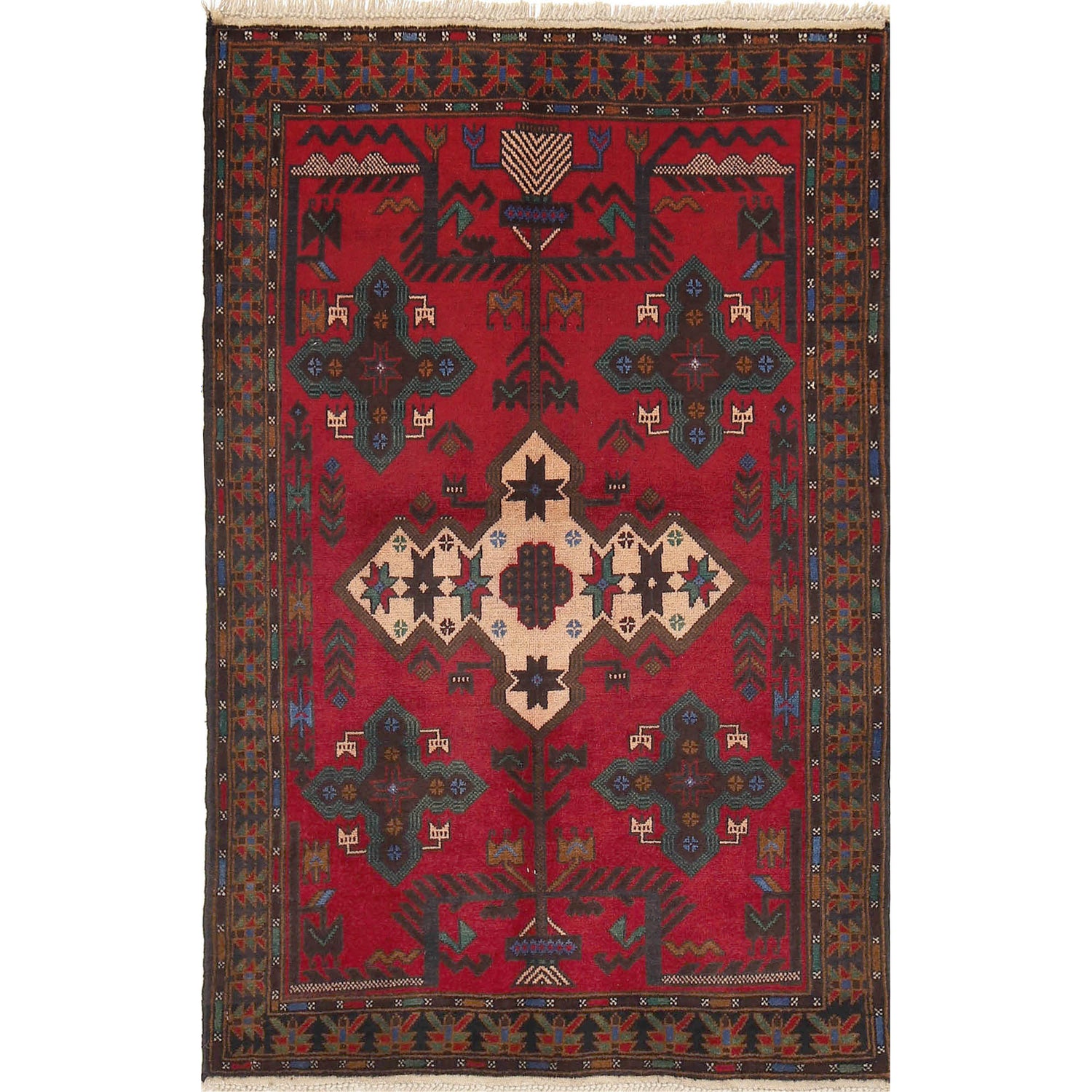 Baluchi Rug Handmade Red Geometric 3x5 ft