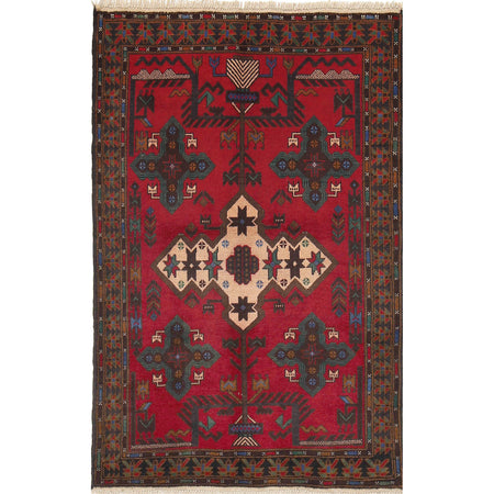 Baluchi Rug Handmade Red Geometric 3x5 ft