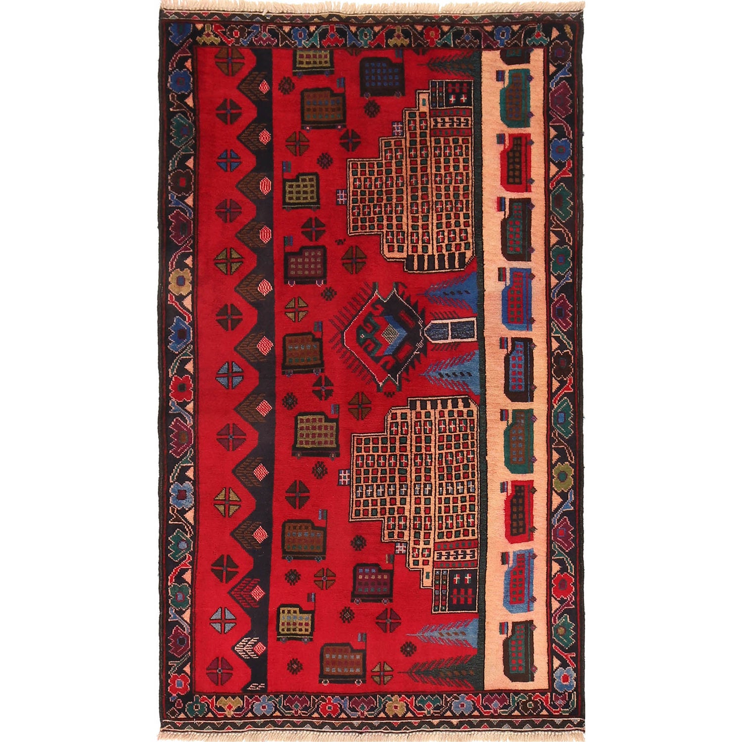 Pictorial Rug Handmade Red Design