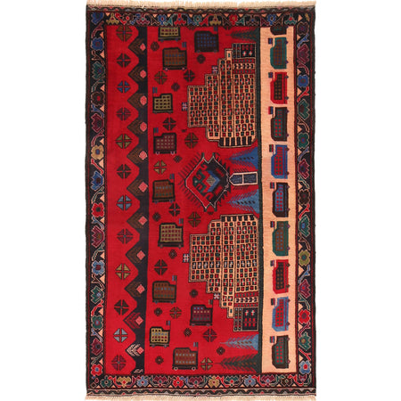 Pictorial Rug Handmade Red Design