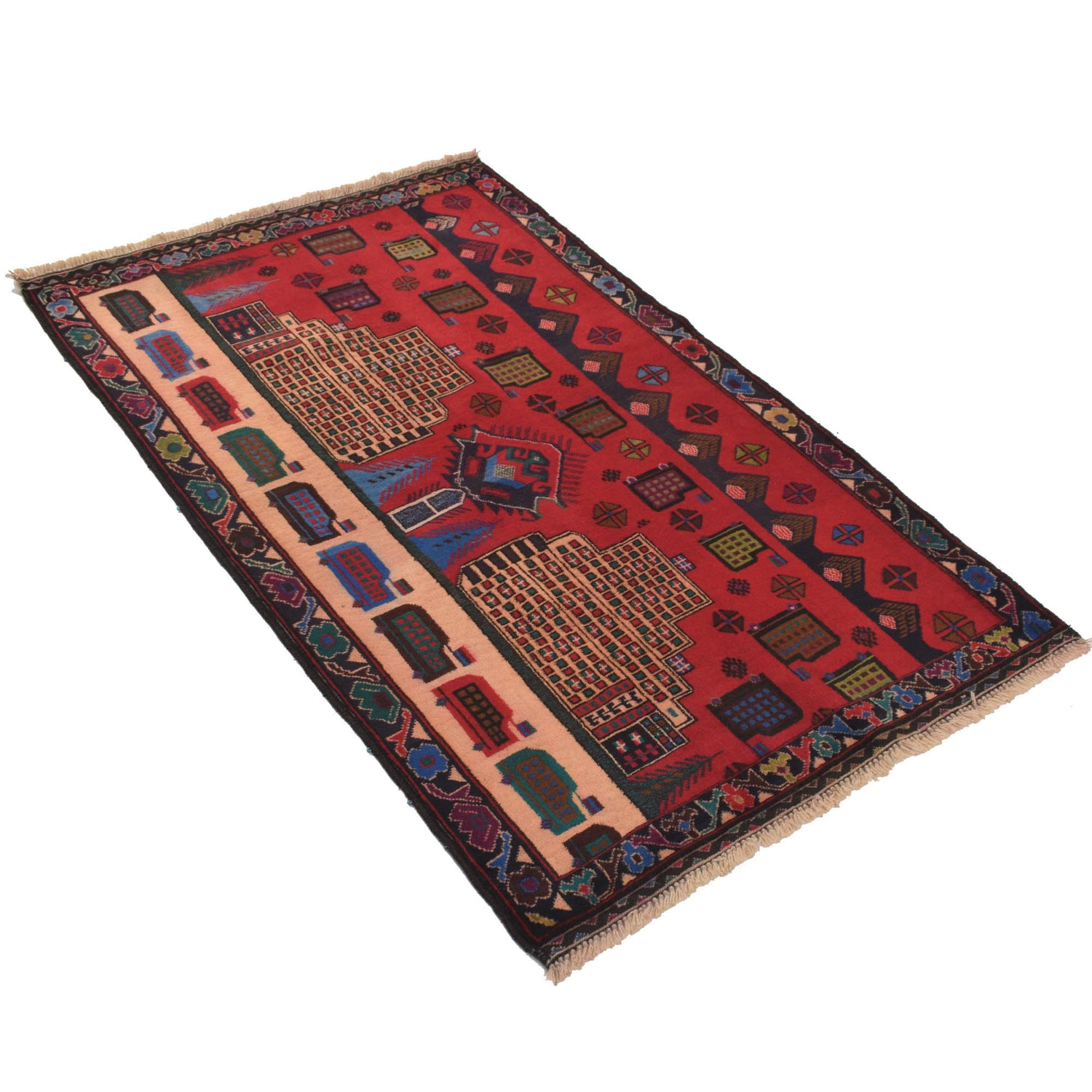 Pictorial Rug Handmade Red Design