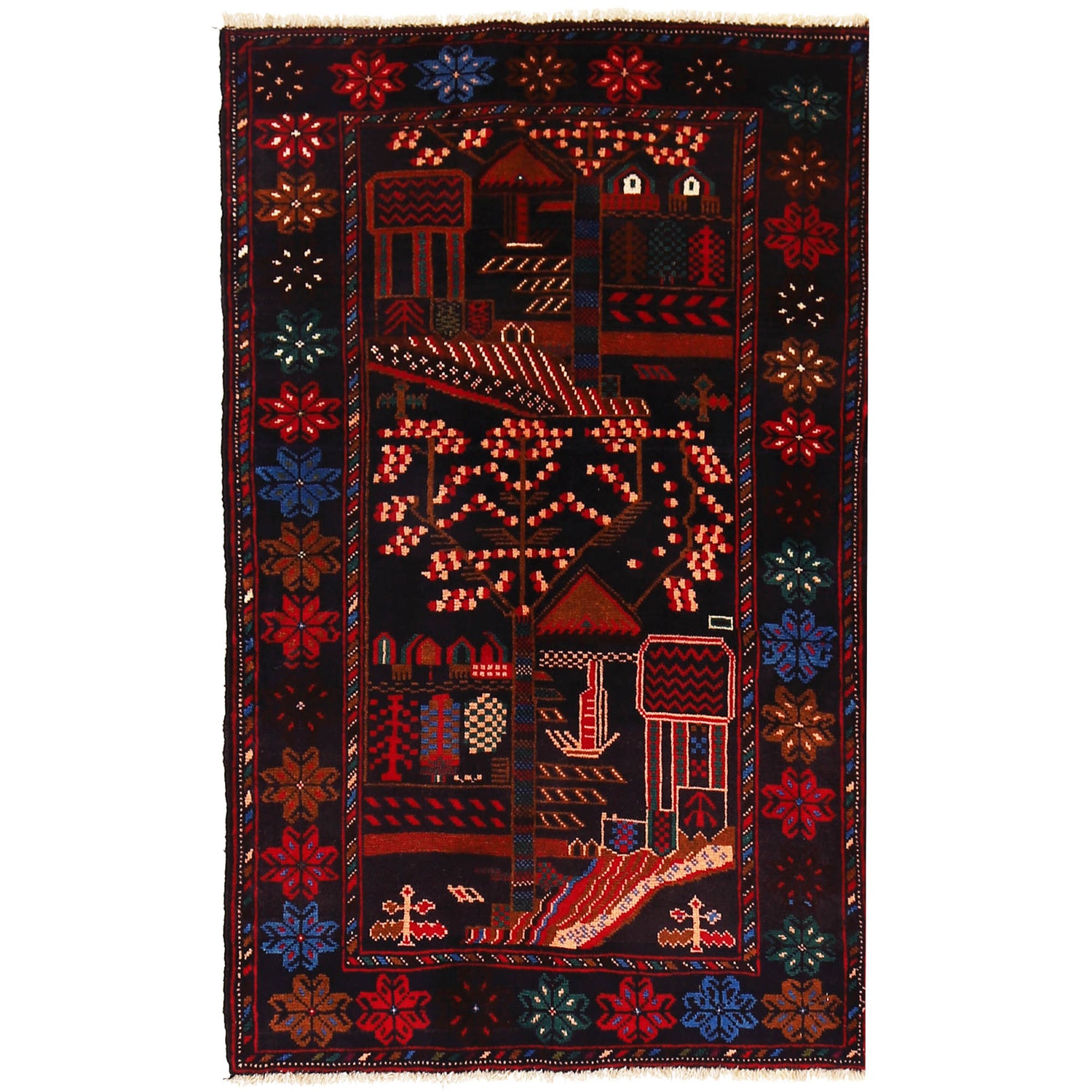 Baluchi Rug Handmade Black Geometric 3x5 ft
