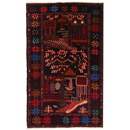 Baluchi Rug Handmade Black Geometric 3x5 ft