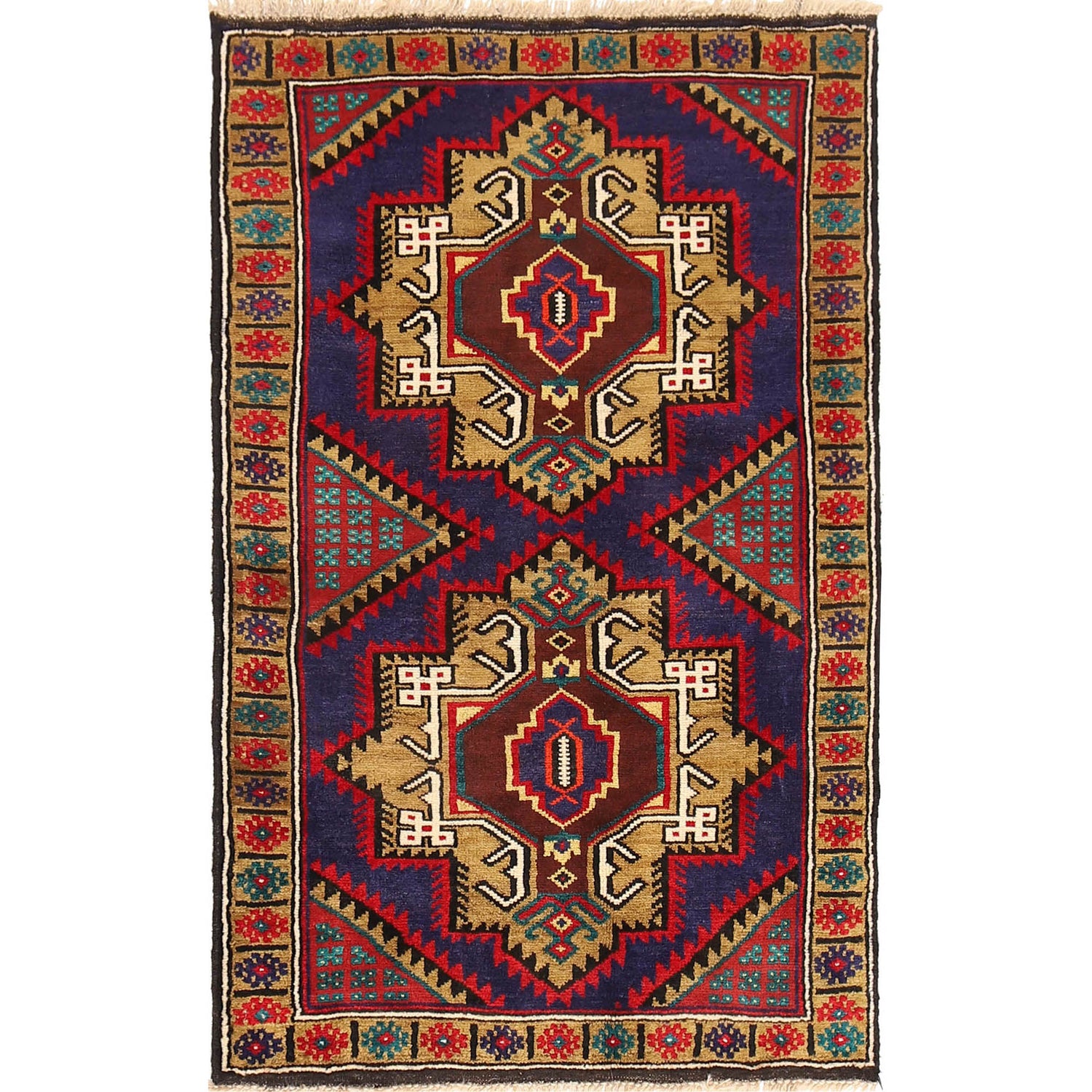 Baluchi Rug Handmade Blue Geometric 3x5 ft