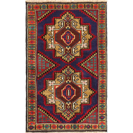 Baluchi Rug Handmade Blue Geometric 3x5 ft