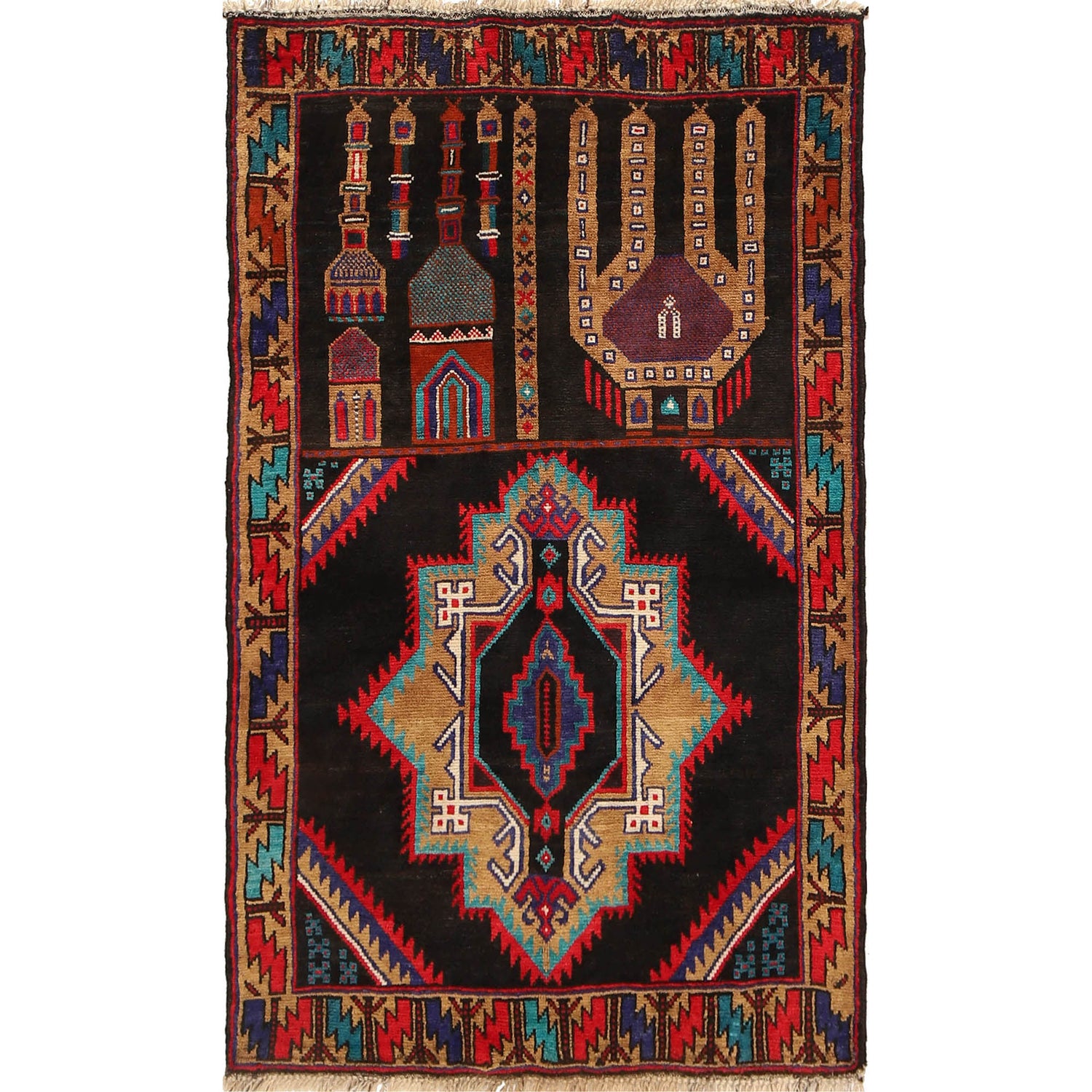 Baluchi Rug Handmade Black Prayer Design 3x5 ft