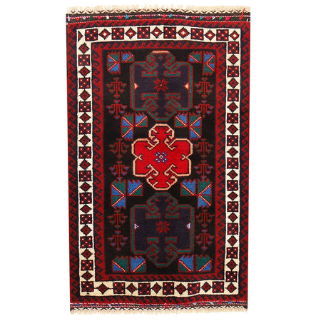 Baluchi Rug Handmade Black Geometric 3x5 ft