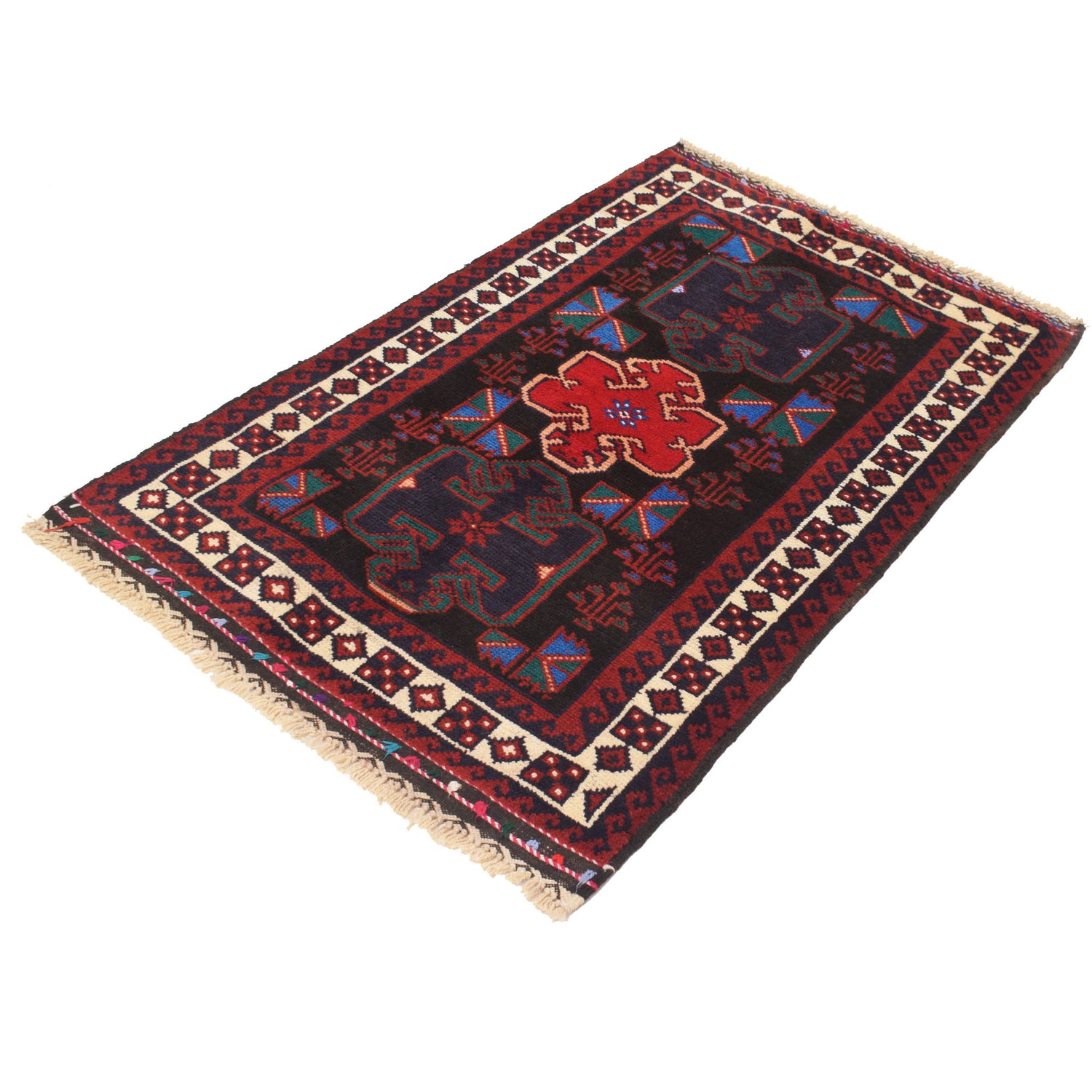 Baluchi Rug Handmade Black Geometric 3x5 ft