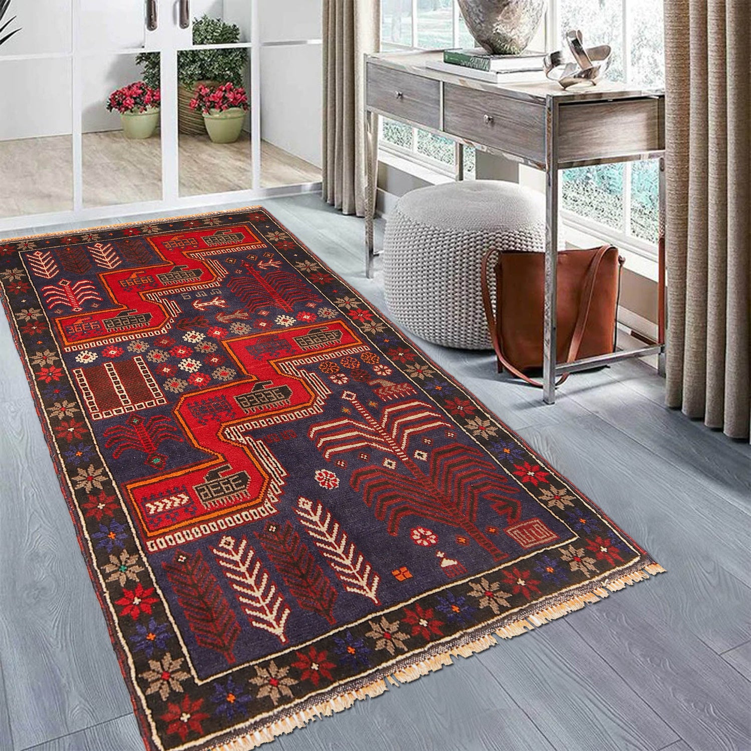 Baluchi Rug Handmade Blue Geometric 3x5 ft