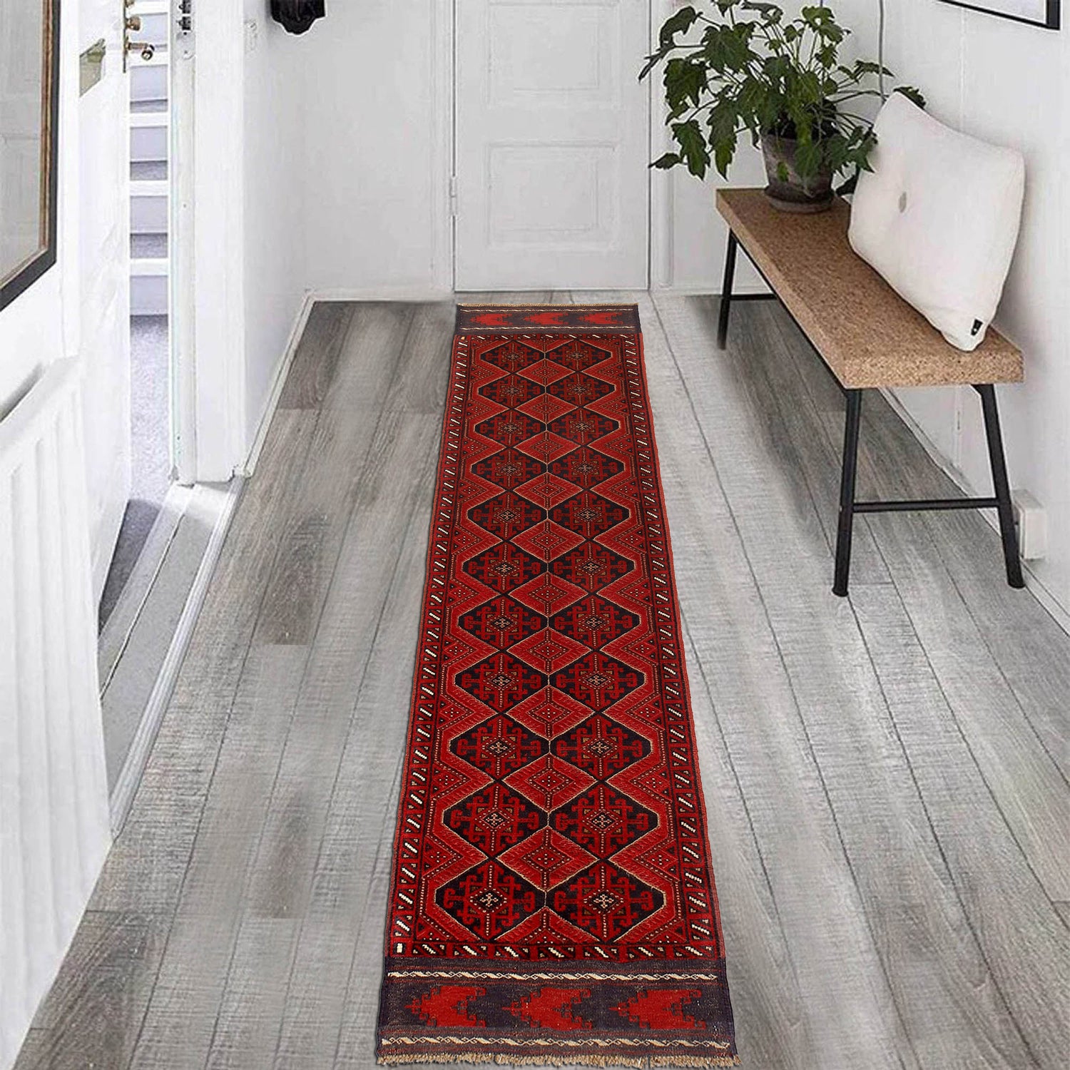 Mashwani Runner Handmade Deep Red Geometric 12' Runner