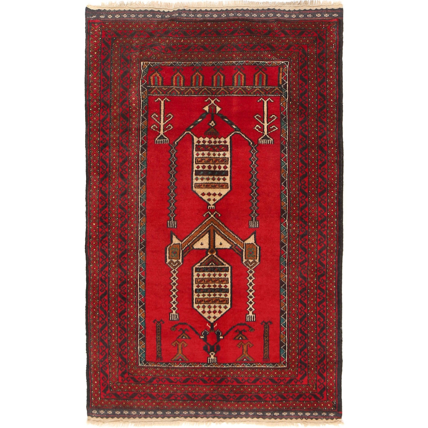 Baluchi Rug Handmade Red Prayer Design 3x5 ft