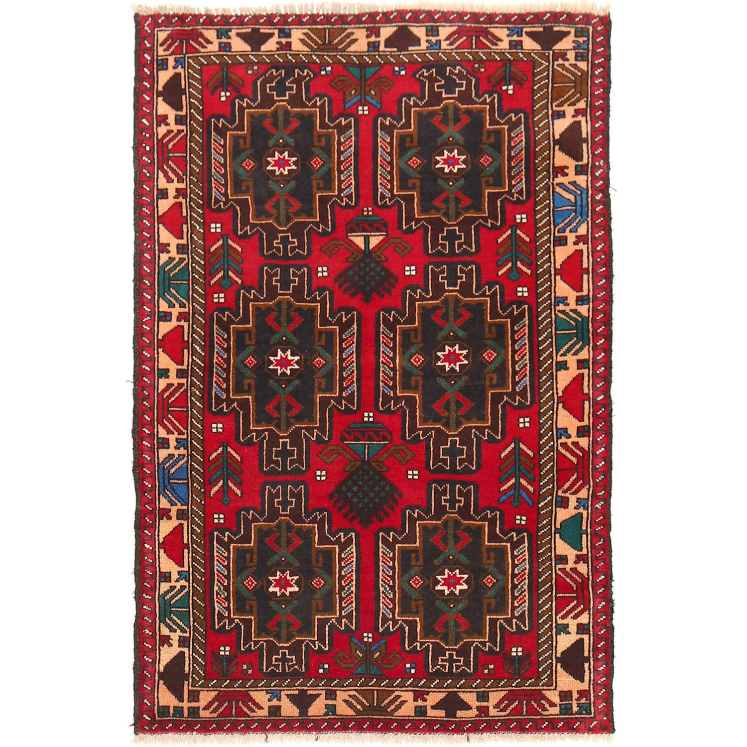 Baluchi Rug Handmade Red Geometric 3x5 ft