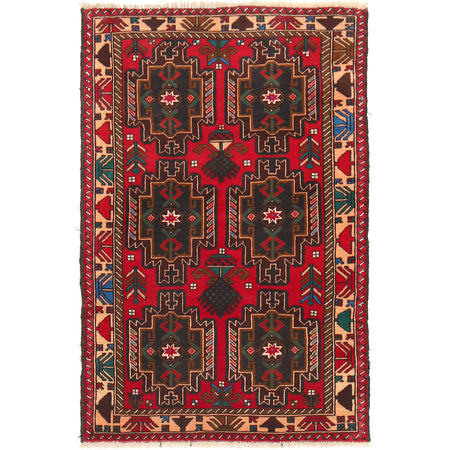 Baluchi Rug Handmade Red Geometric 3x5 ft
