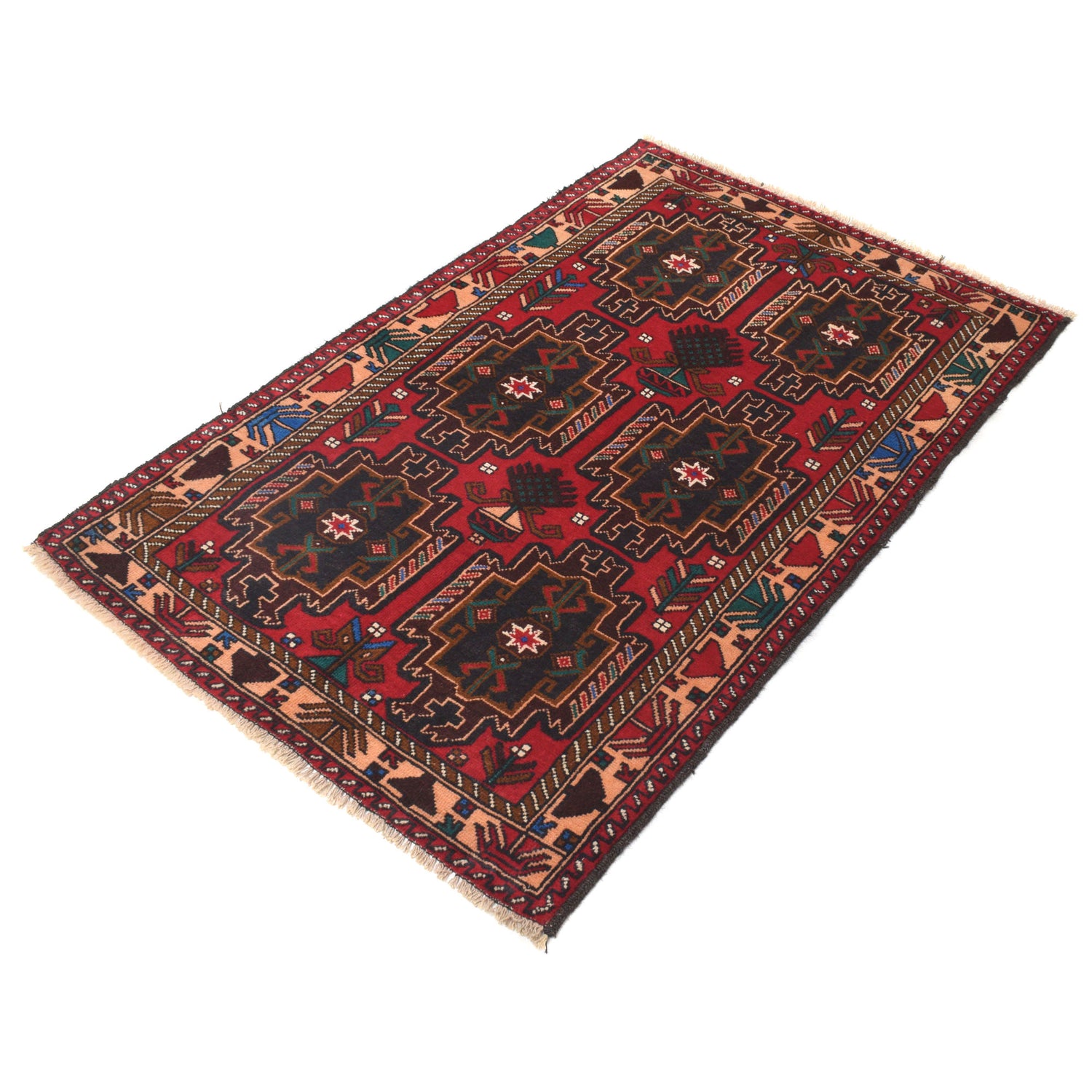 Baluchi Rug Handmade Red Geometric 3x5 ft