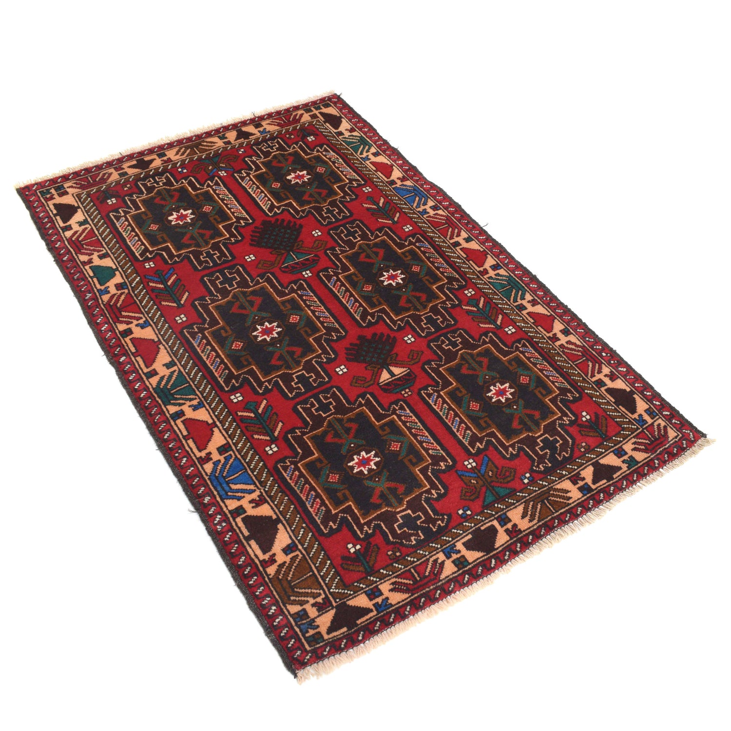 Baluchi Rug Handmade Red Geometric 3x5 ft