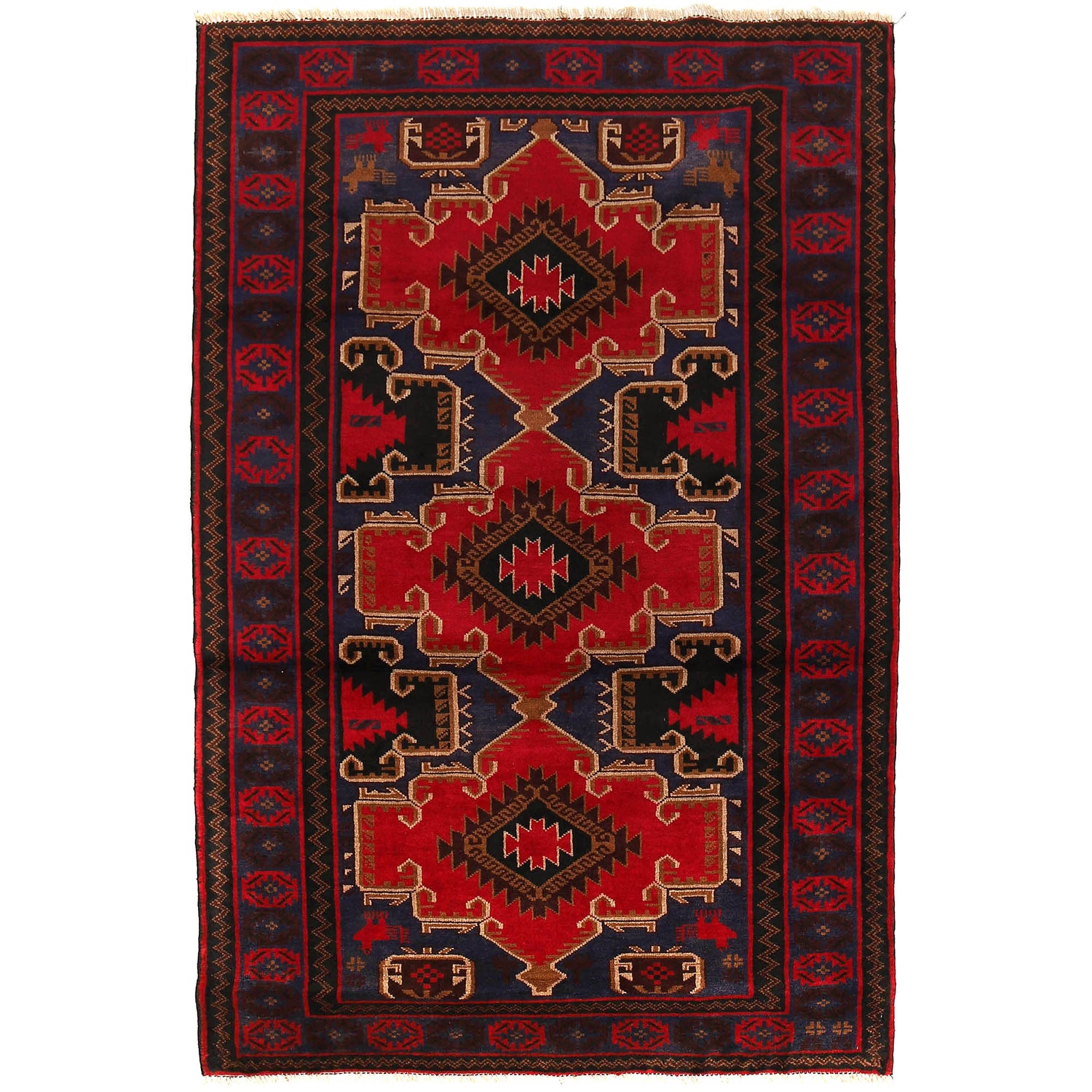 Baluchi Rug Handmade Red Geometric 4x6 ft