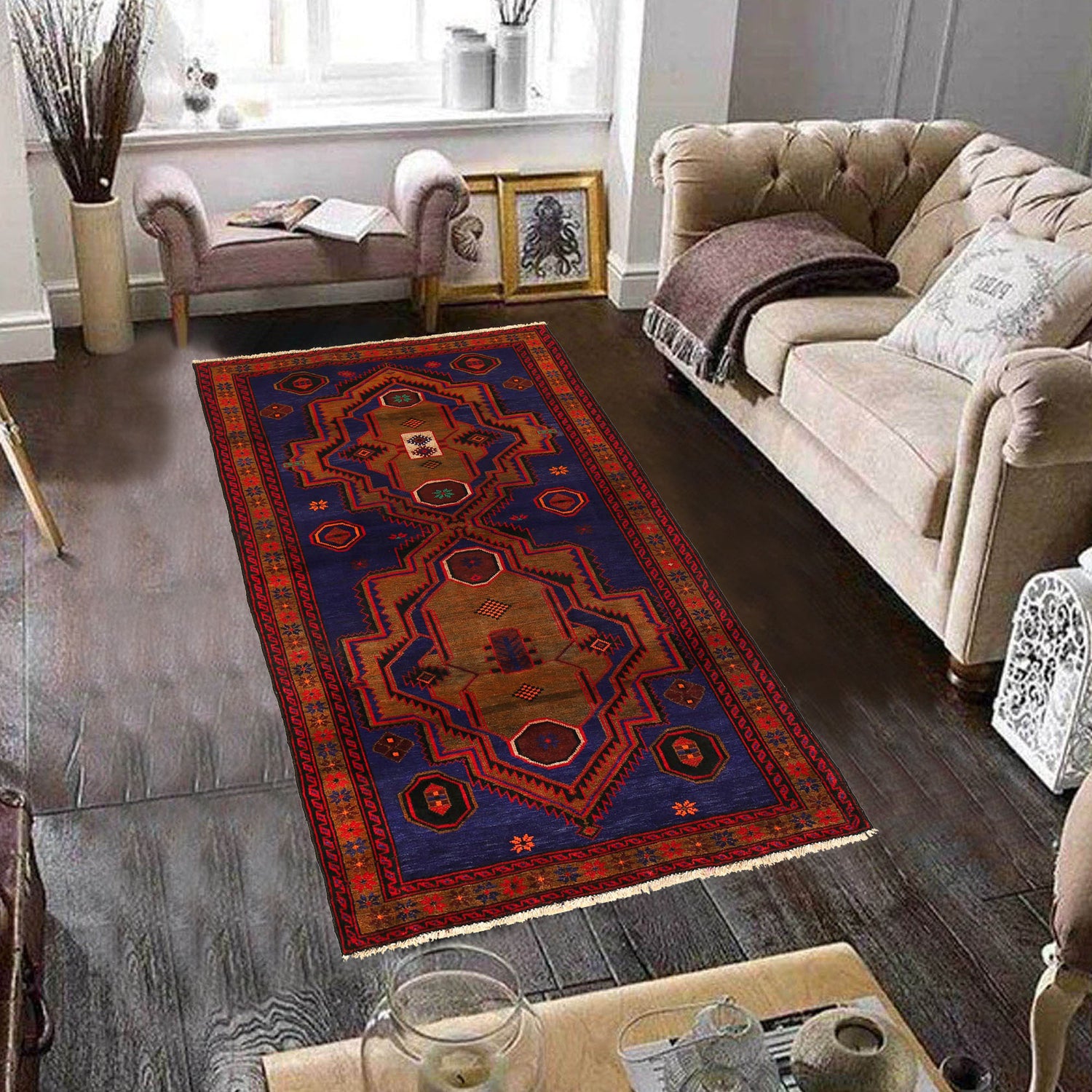 Baluchi Rug Handmade Blue Geometric 4x6 ft