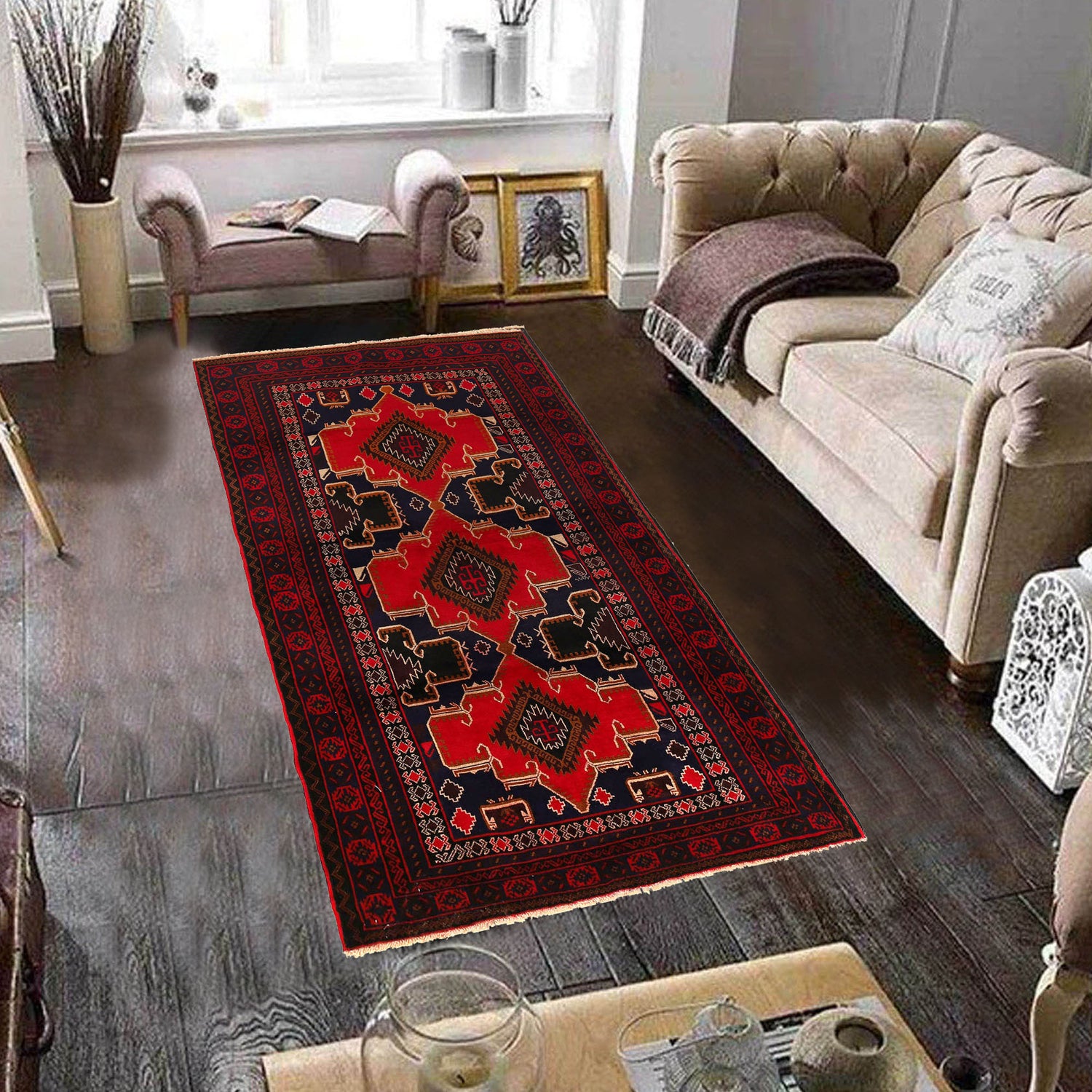 Baluchi Rug Handmade Multi Geometric 4x7 ft