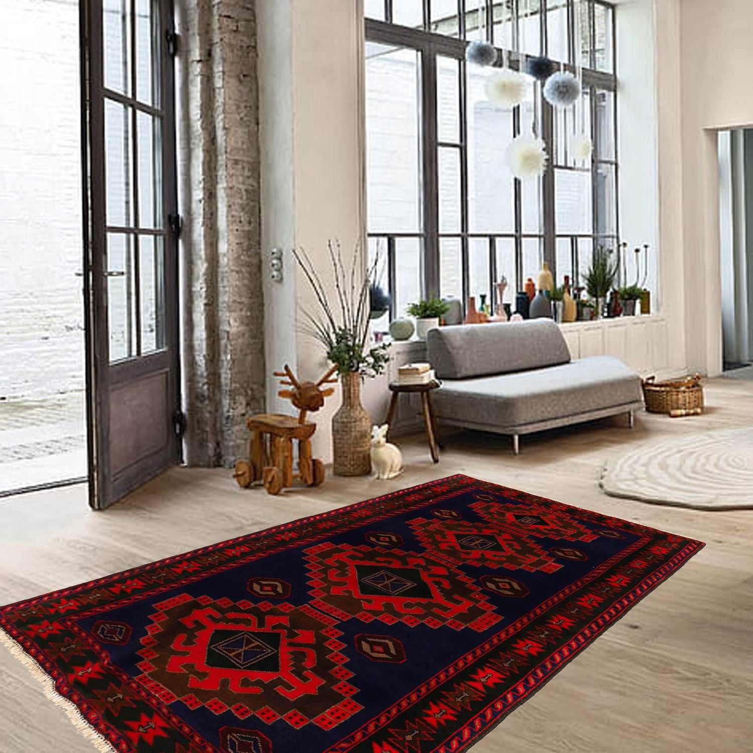 Baluchi Rug Handmade Blue Geometric 4x7 ft